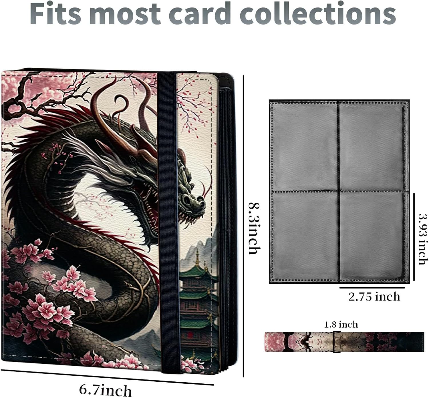 Carpeta de tarjetas con diseño de flor de cerezo de dragón, 4 bolsillos para álbum de tarjetas, carga lateral, 320 bolsillos, tarjetero de