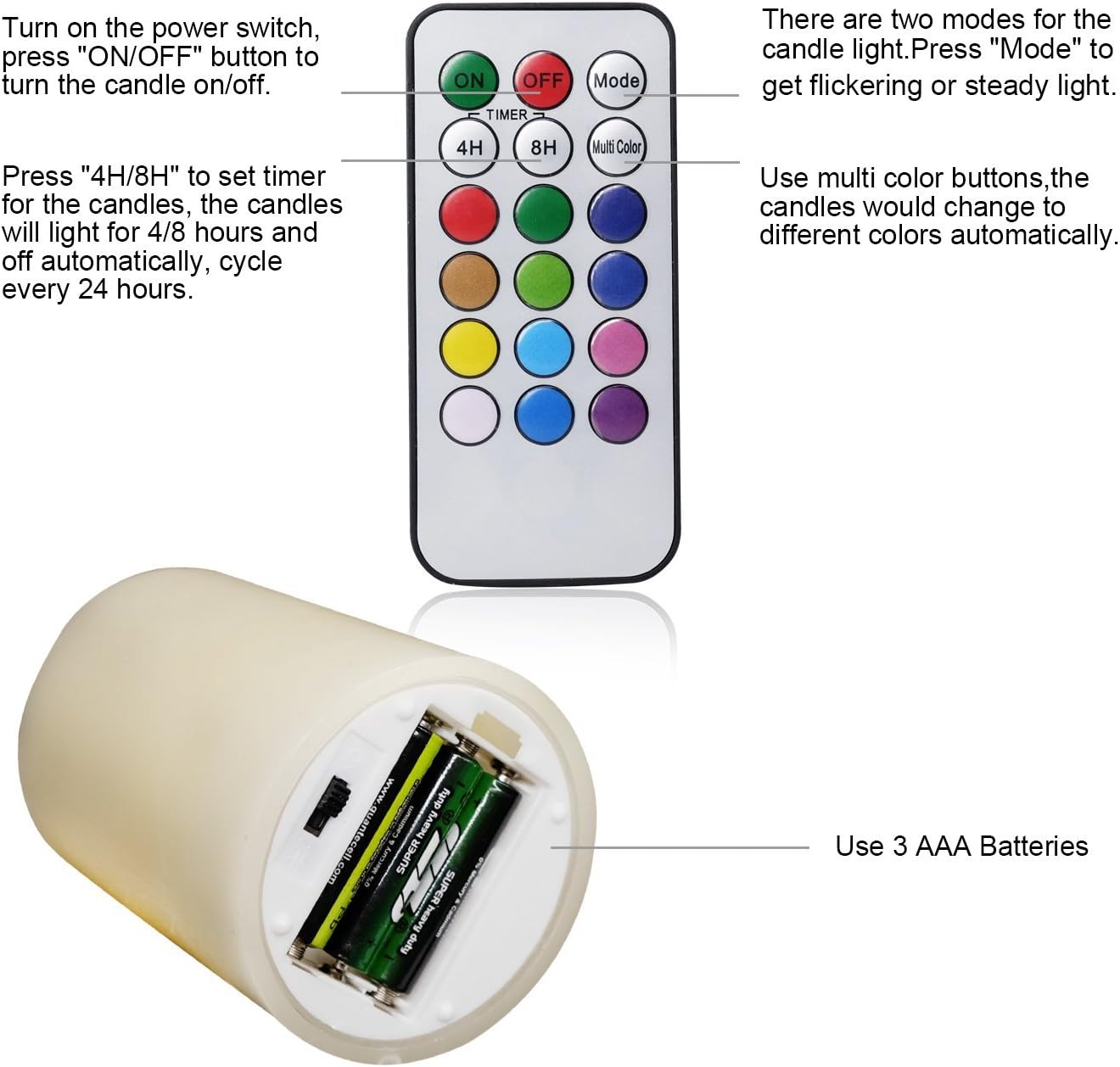 DRomance Velas parpadeantes sin llama que cambian de color con temporizador remoto de 18 teclas, juego de 6 velas LED de cera real que funcionan con