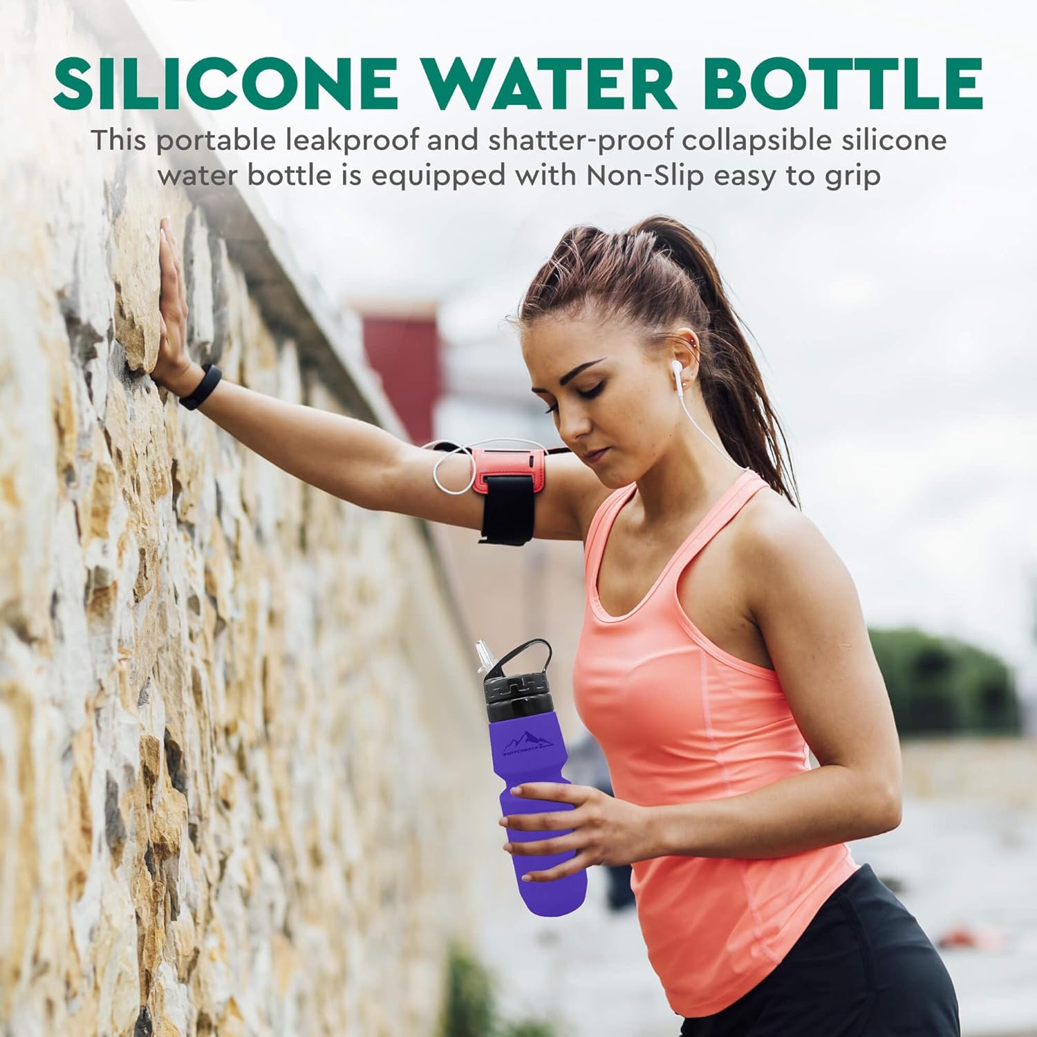 Botella de agua plegable de viaje (25 onzas), de silicona, a prueba de fugas, sin BPA, ligera, con popote plegable, botellas de agua plegables