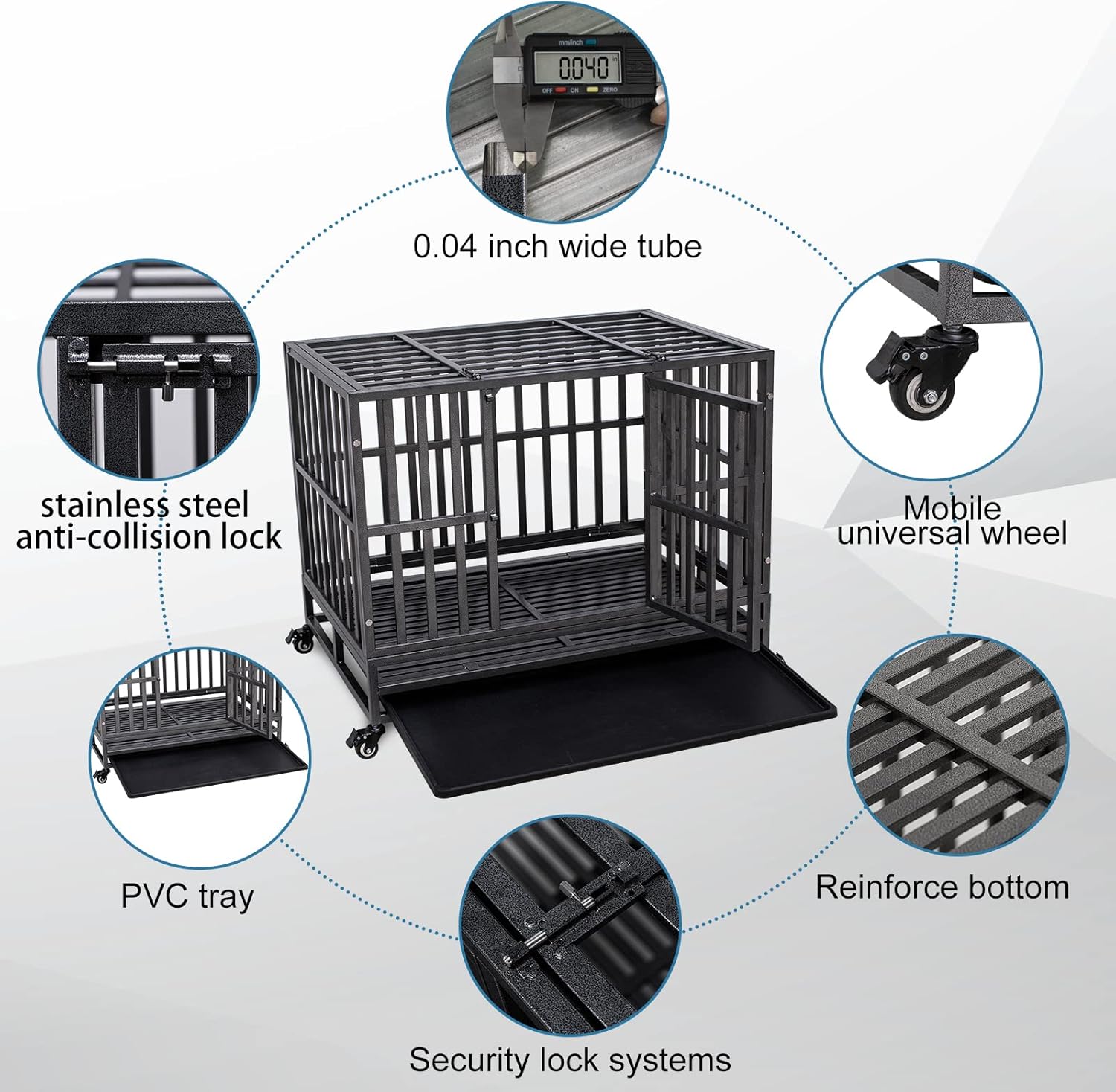 Holiwei Jaula de perro indestructible de 38 pulgadas XL de metal para perros grandes, jaula de perro a prueba de escapes con ruedas, bandeja