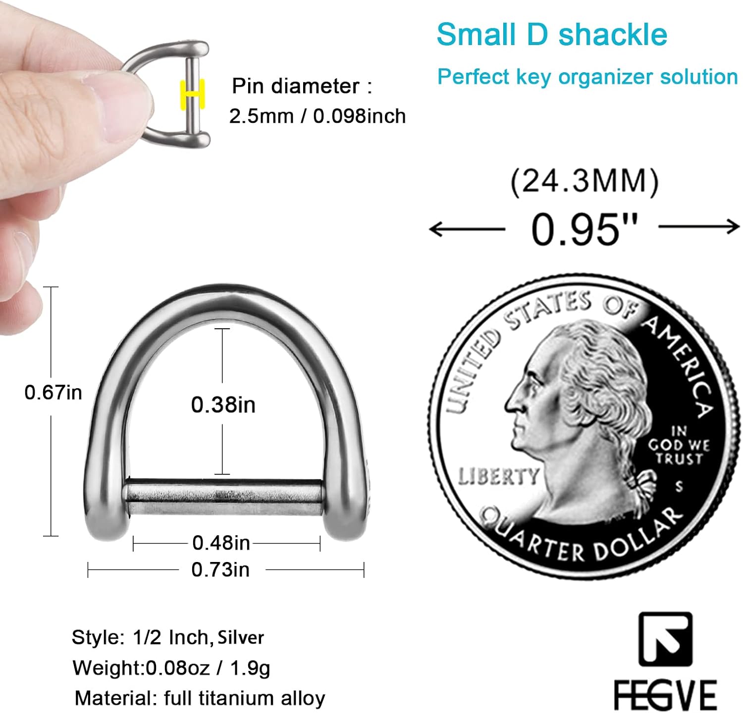 FEGVE Llavero pequeño de titanio con grillete de tornillo, llavero de automóvil resistente y fuerte, mini anillos D de titanio, 12 pulgadas0.472 in
