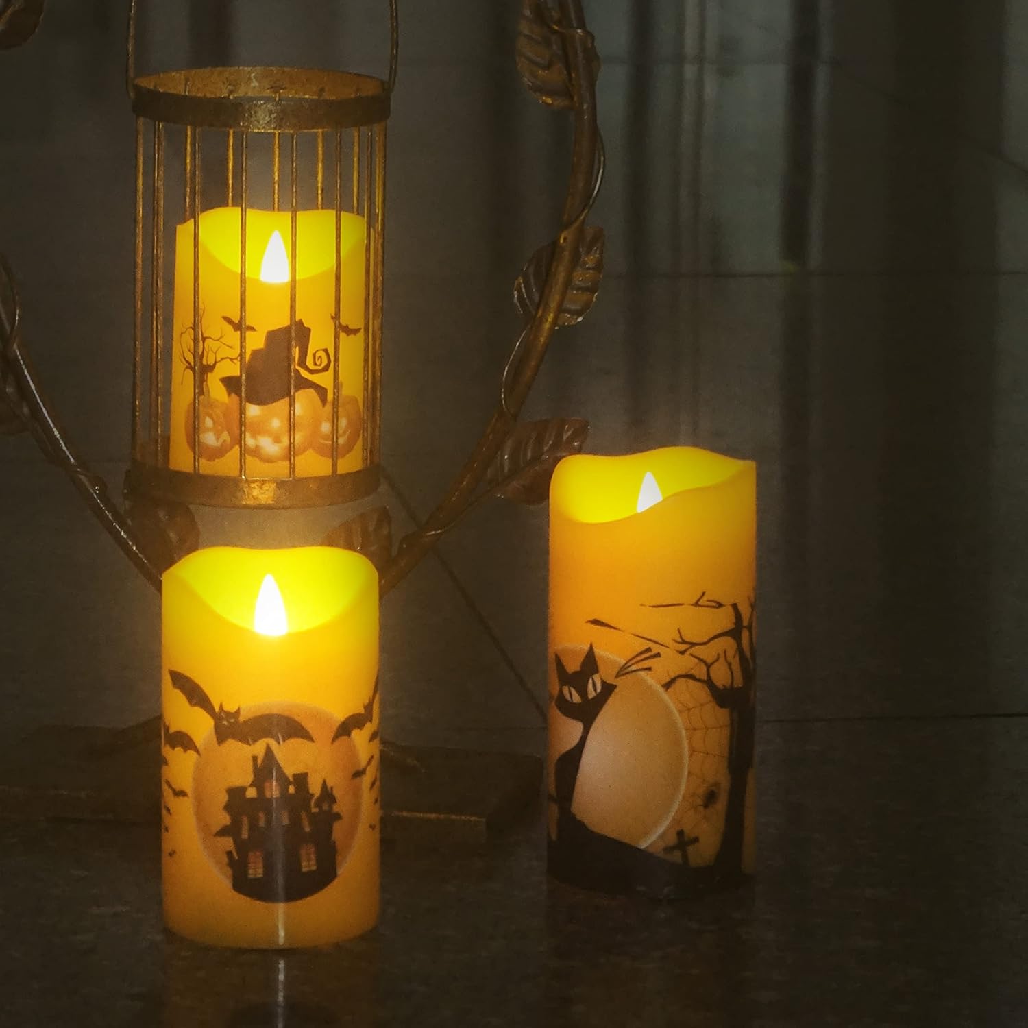 7LinRay Velas parpadeantes sin llama de Halloween con control remoto y temporizador, velas LED de cera real que funcionan con pilas, con calabaza,