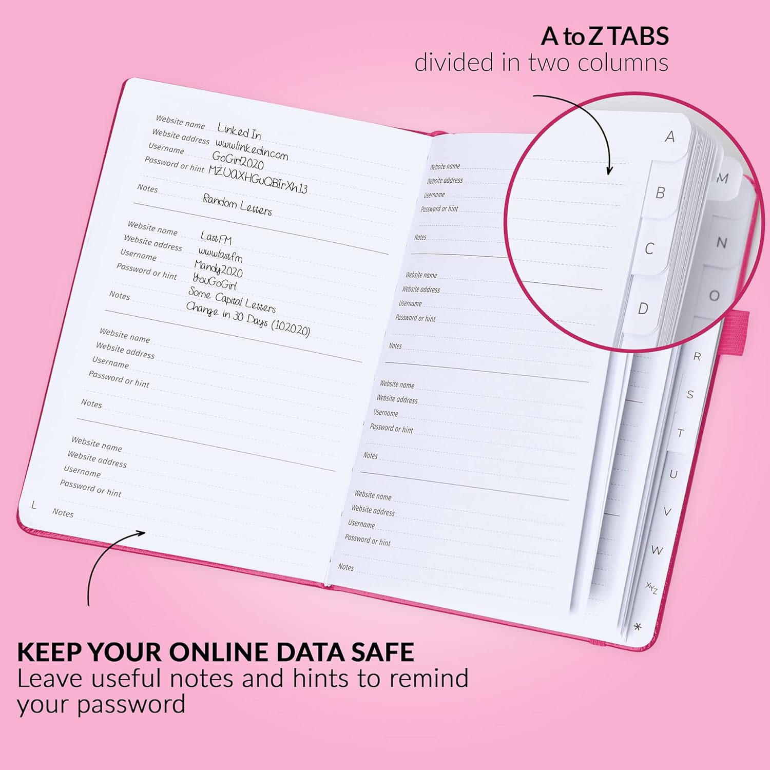 GoGirl Cuaderno para contraseñas con pestañas alfabéticas, diario de direcciones de Internet y contraseñas para guardar inicios de sesión de sitios