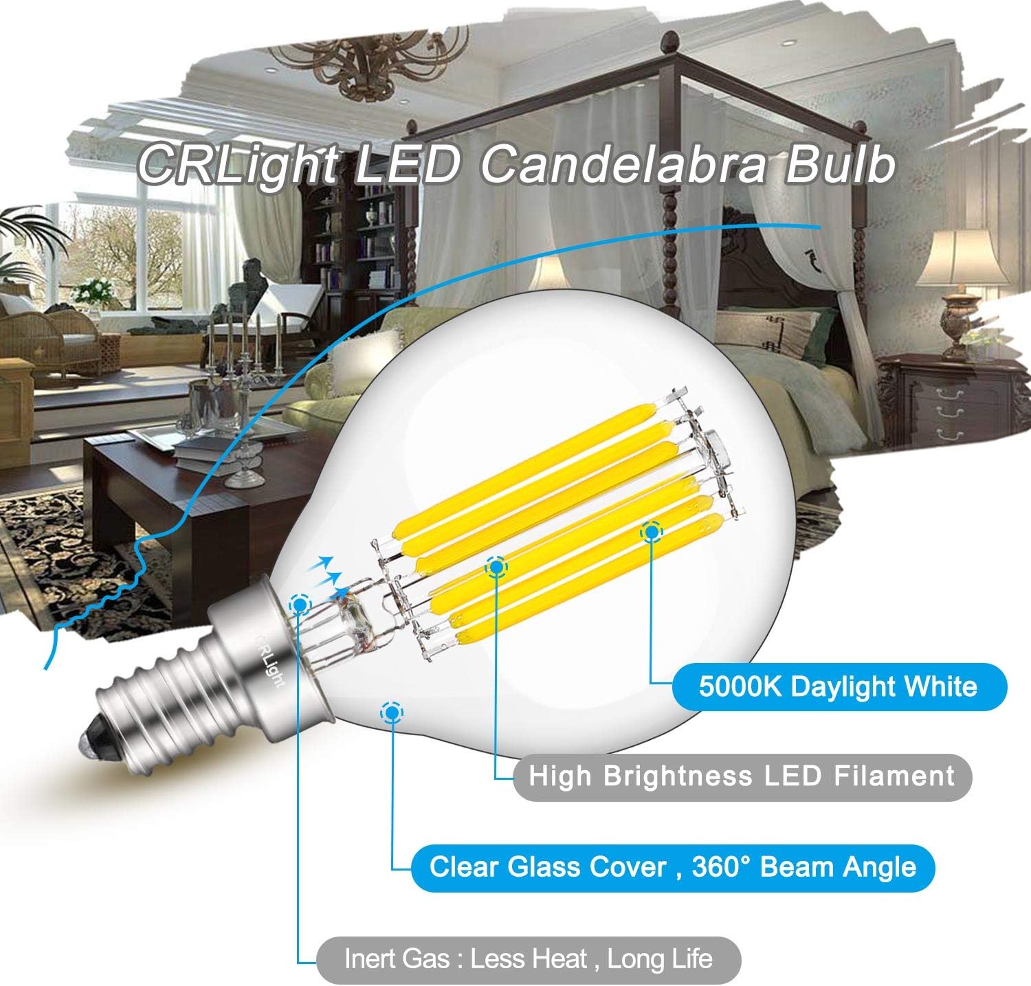 CRLight Bombilla LED regulable de 6 W, 5000 K, luz blanca diurna, equivalente a 650 W, 650 lúmenes, E12, vintage, Edison G16, bombillas de cristal