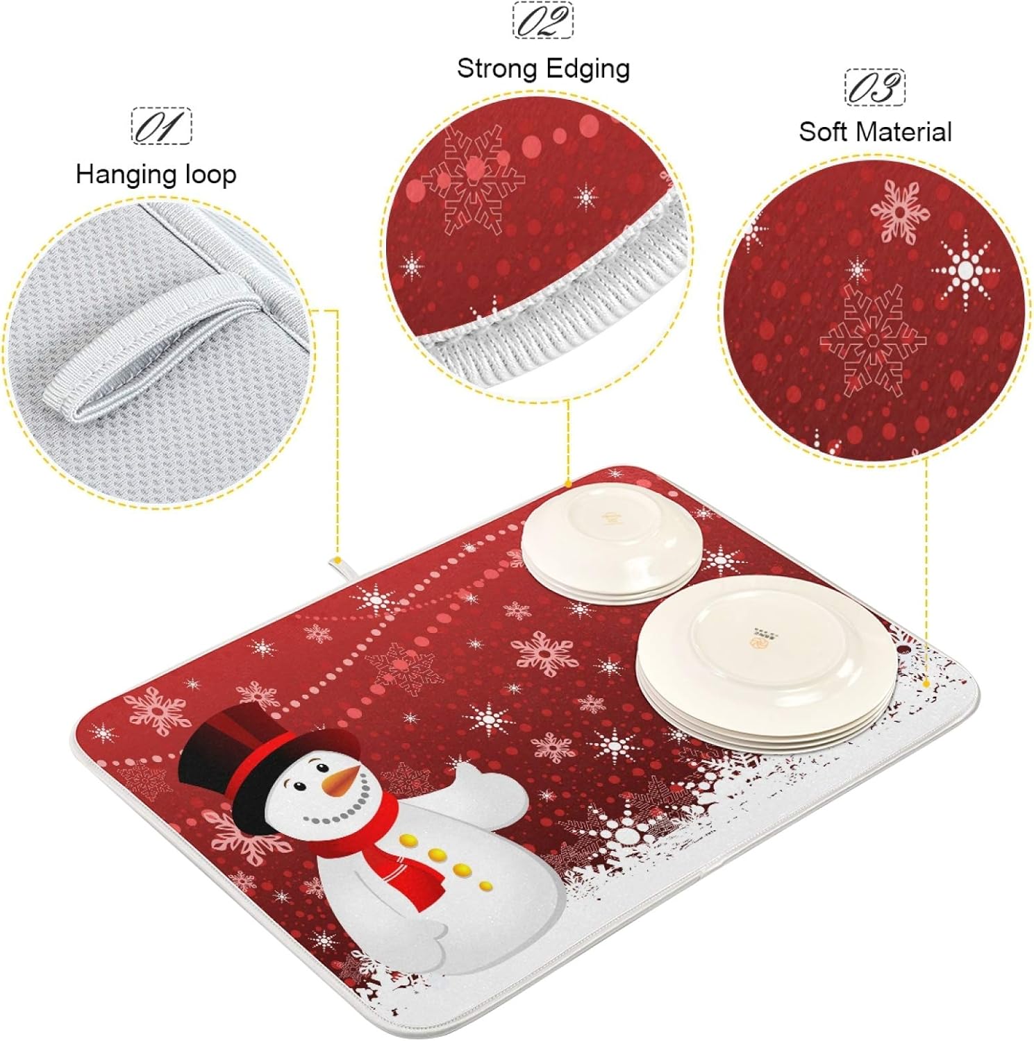 Tapete de secado de platos de copos de nieve de Navidad, muñeco de nieve, muñeco de nieve, 16 x 18 pulgadas, muñecos de nieve de Navidad,