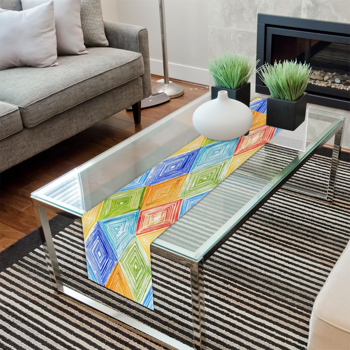 Table Runner Multi Colored Plaid Pattern, Rustic Linen Table Cloth for Farmhouse Kitchen, Dinner, Events, Party, Holiday Table Decor 13 x 60 Inches
