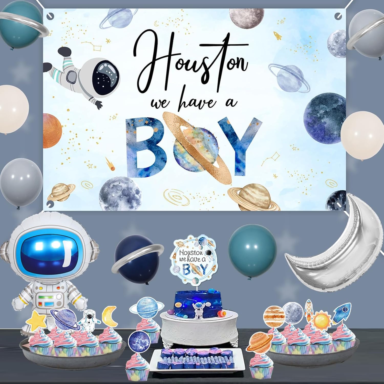 Decoraciones para baby shower del espacio exterior para niño, decoración de cupcakes de astronauta espacial, Houston We Have a Boy Baby Shower telón