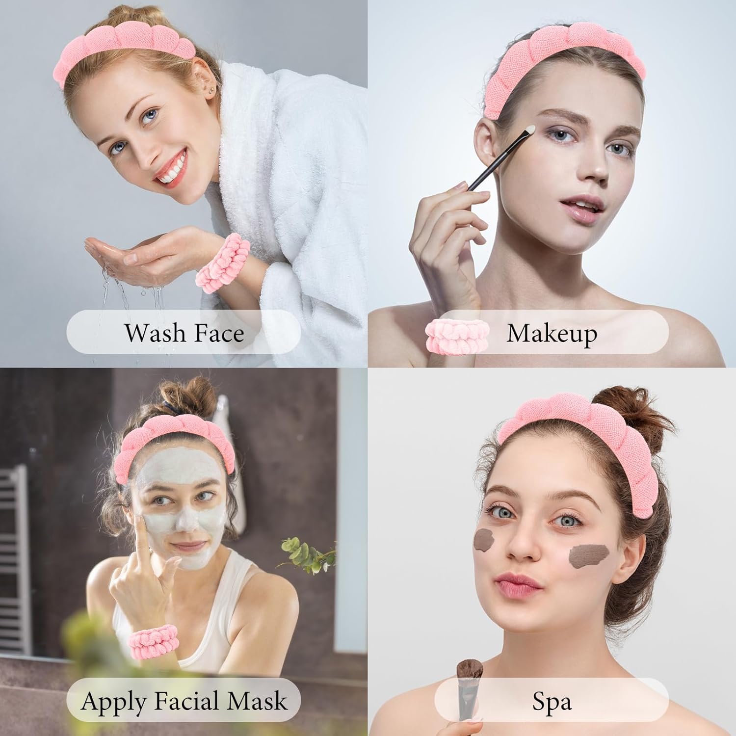 BAHABY Diadema de spa para lavar la cara, cuidado de la piel, maquillaje, diadema de esponja, diadema de spa y muñequera, nubes suave banda para el
