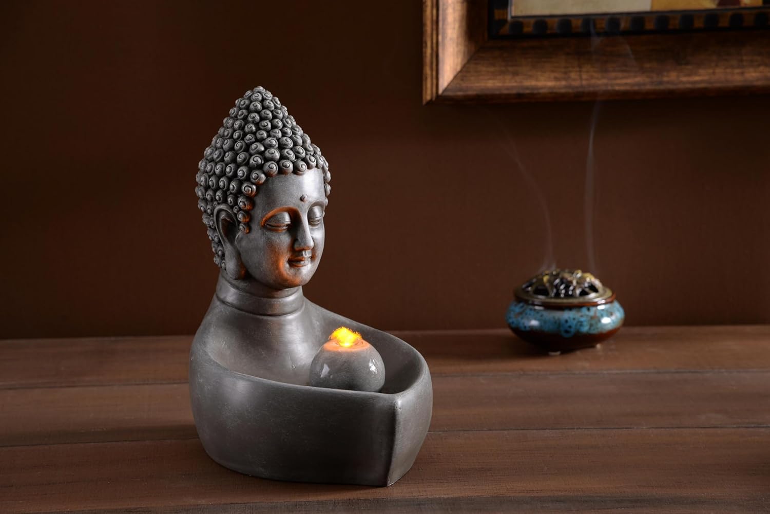 Fuente interior cascada de mesa Buda Fuente Zen Mini cascada para espacios interiores Luz LED cálida para decoración tranquila del hogar (23082)