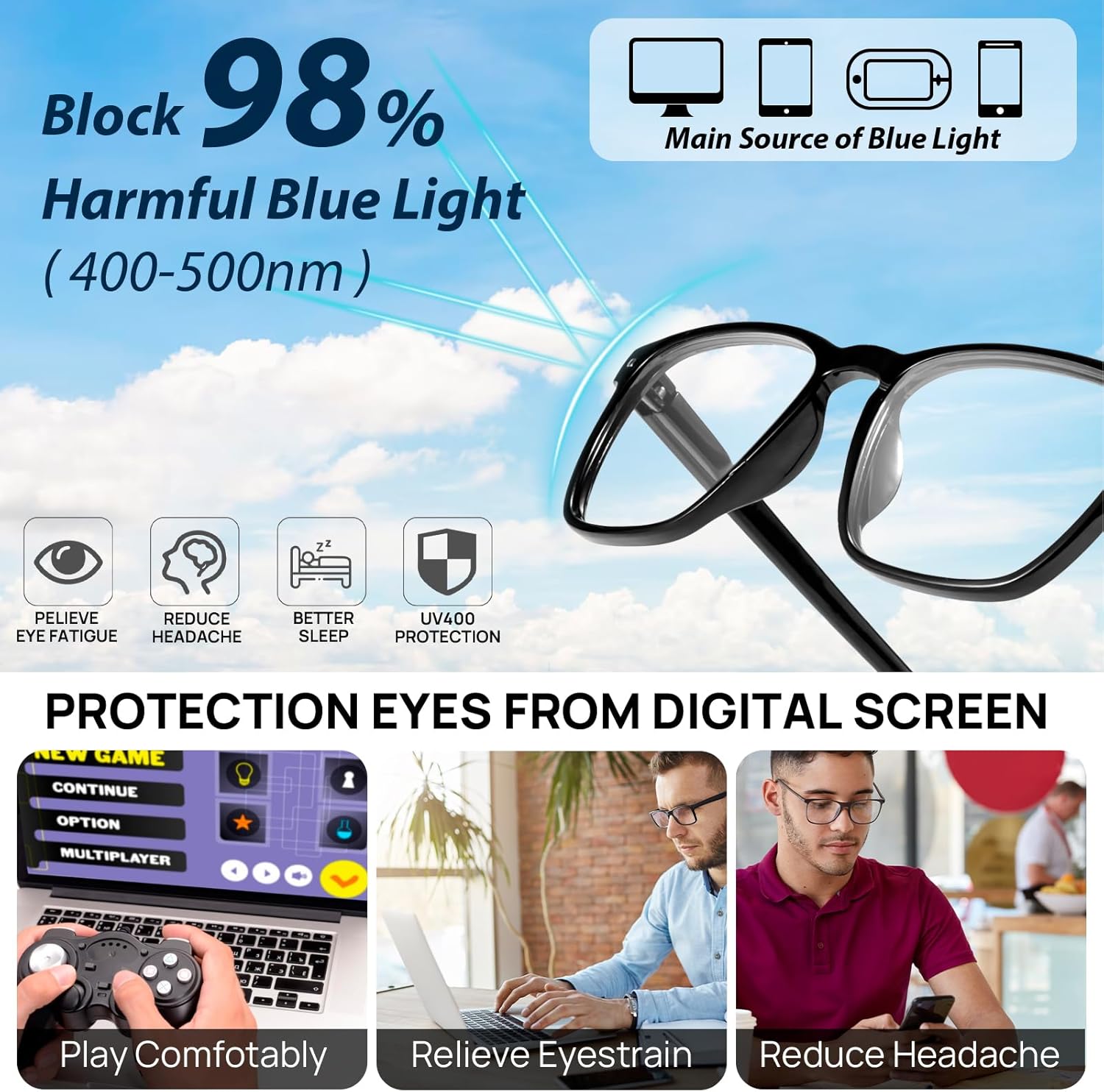 Blue Light Blocking Reading Glasses Men Large Square Readers 1.0 1.25 1.5 1.75 2.0 to 6.0