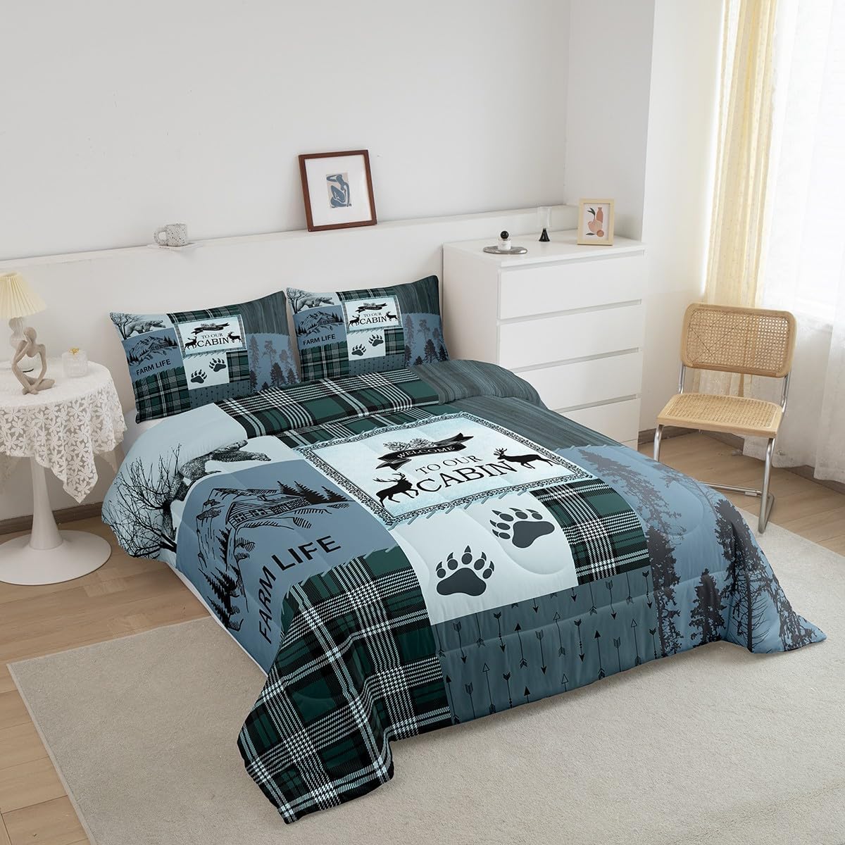 Manfei Rutic Farmhouse – Juego de edredón tamaño King, juego de ropa de cama de retazos de madera a cuadros de ciervo, oso, árbol, 3 piezas para