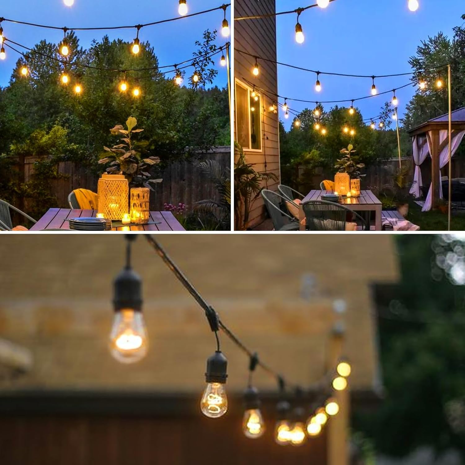 Tira de luces LED para exteriores, tira de luces LED para patio de 50 pies, 17 bombillas Edison vintage, 15 enchufes colgantes (2 bombillas de