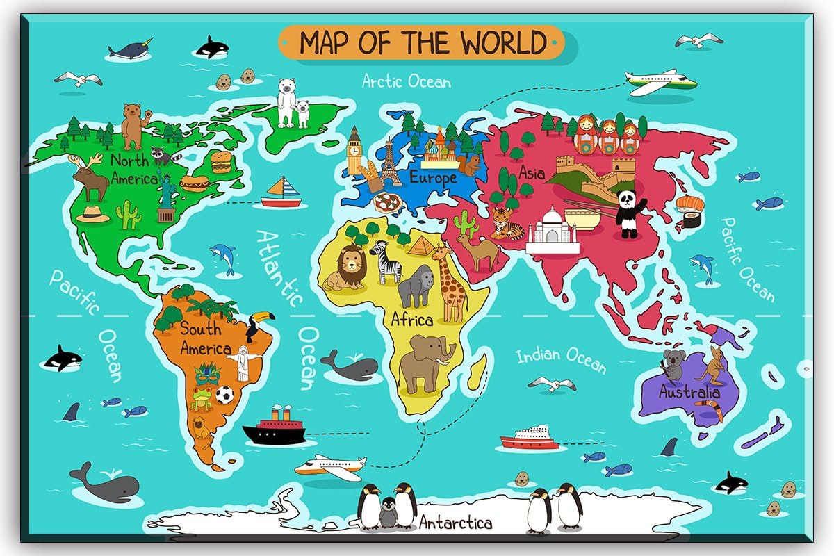 Mapa del mundo – Lienzo decorativo para pared para habitación de los niños, animales típicos en el mapa del continente, impresiones en lienzo para