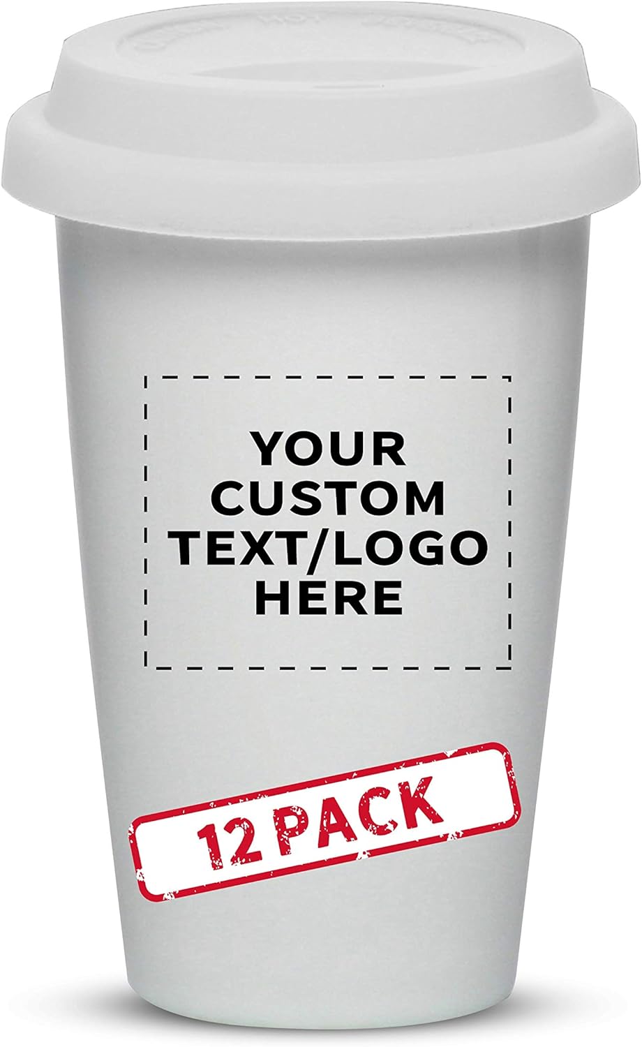 Vasos de cerámica de doble pared personalizados de 11 onzas con tapa, paquete de 12, texto personalizado, logotipo, color blanco