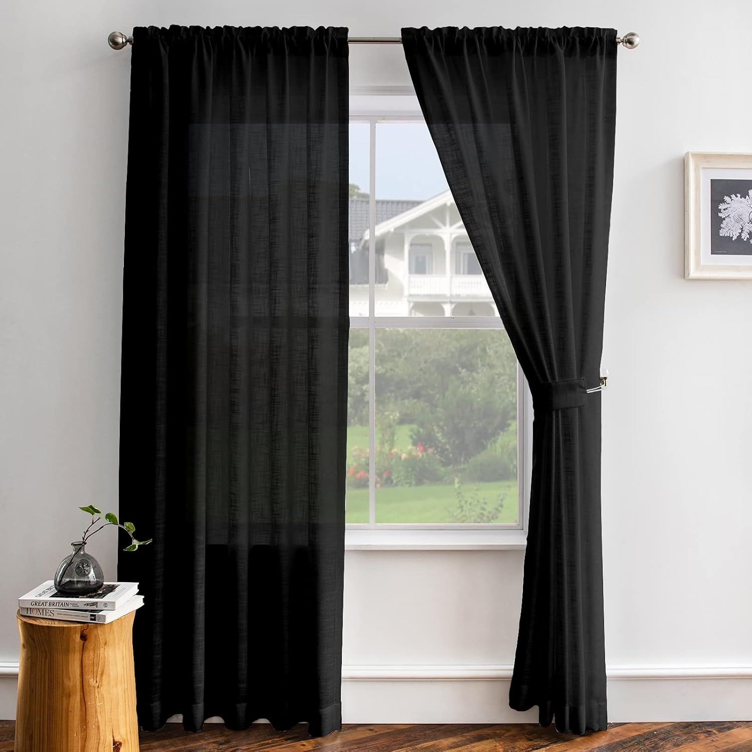 Melodieux Cortinas semitraslúcidas con textura de lino negro de 96 pulgadas de largo para sala de estar, dormitorio, cortinas de gasa con bolsillo