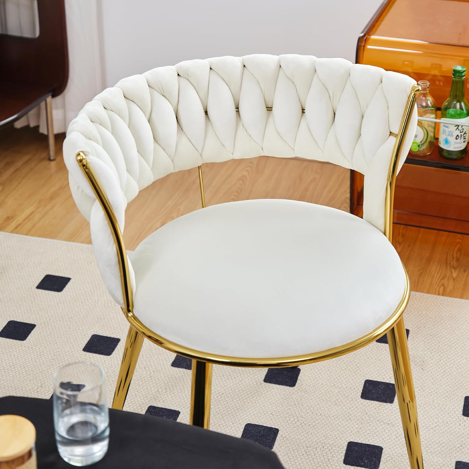 HOOLETE Juego de 2 sillas de comedor de terciopelo con patas de metal dorado, sillas decorativas tapizadas tejidas, sillas laterales para sala de