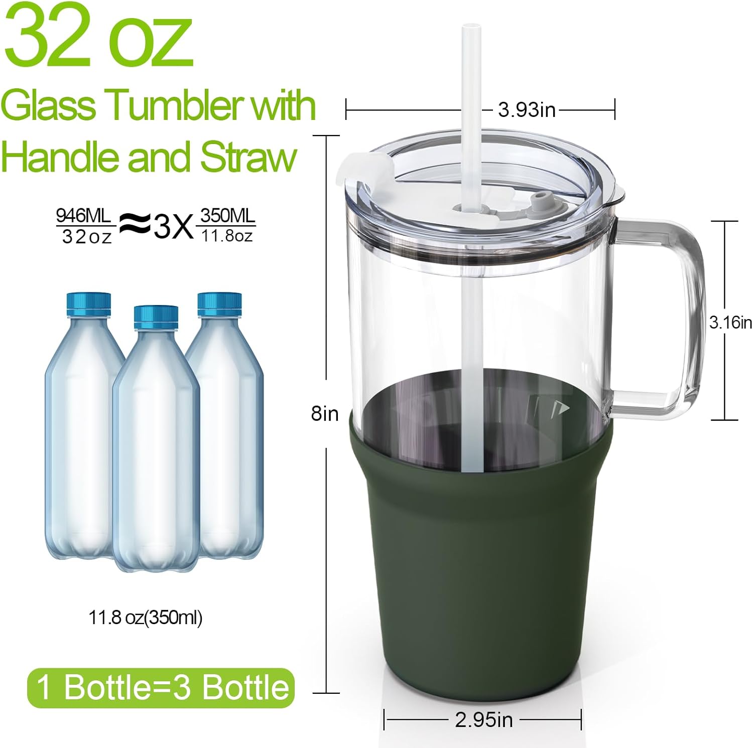 Zenbo Vaso de vidrio con tapa y popote, taza de café helado de 32 onzas con asa, botellas de agua de vidrio con funda de silicona, taza de vidrio