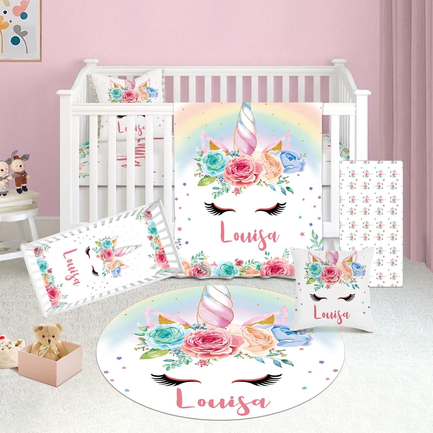 Juego de ropa de cama personalizado para cuna con nombre para niña, juego de cuna de 5 piezas con nombre personalizado de caballo arcoíris para