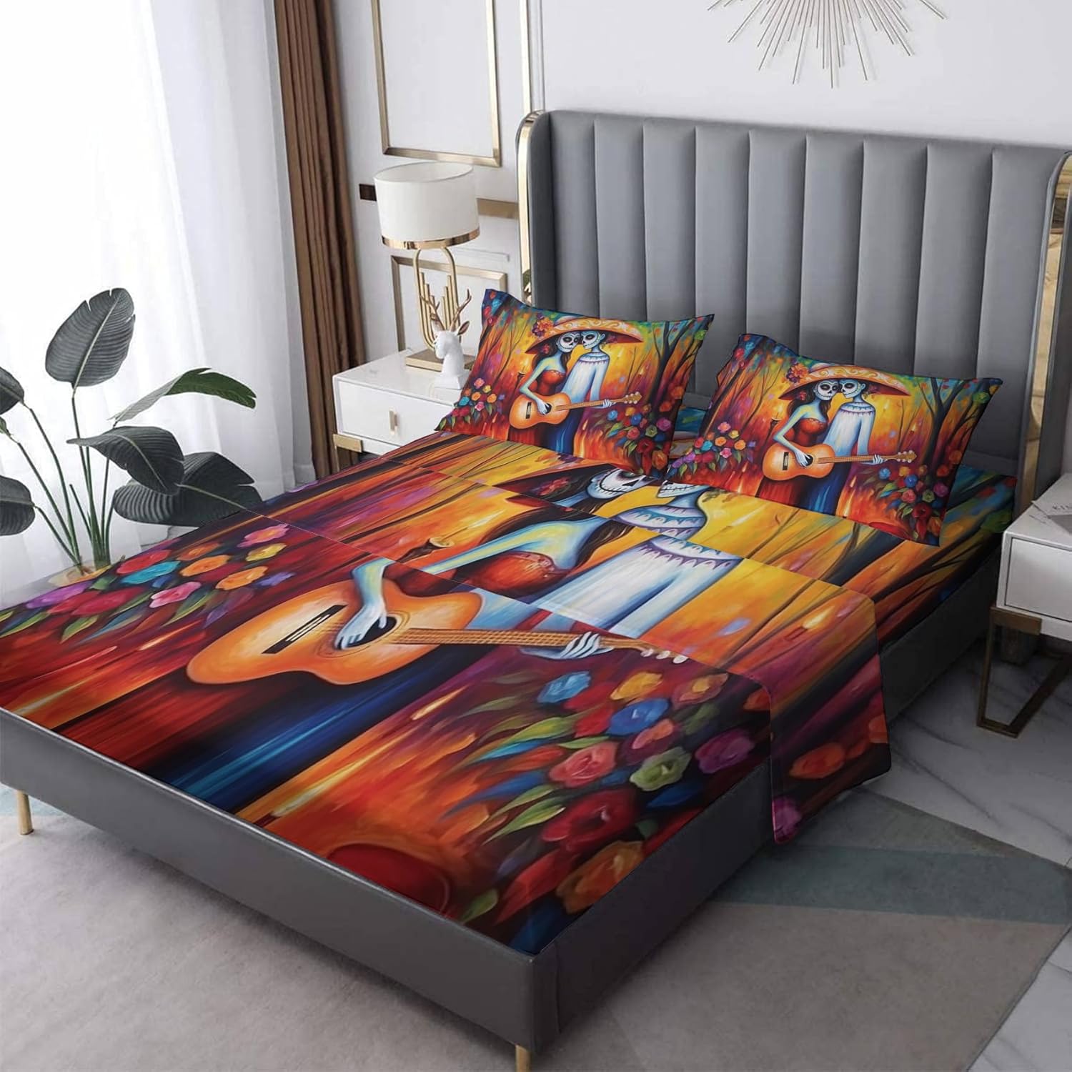 Day of The Dead – Juego de sábanas divididas tamaño King para cama ajustable, sábanas de esqueleto, sábanas y fundas de almohada, juego de 5 piezas
