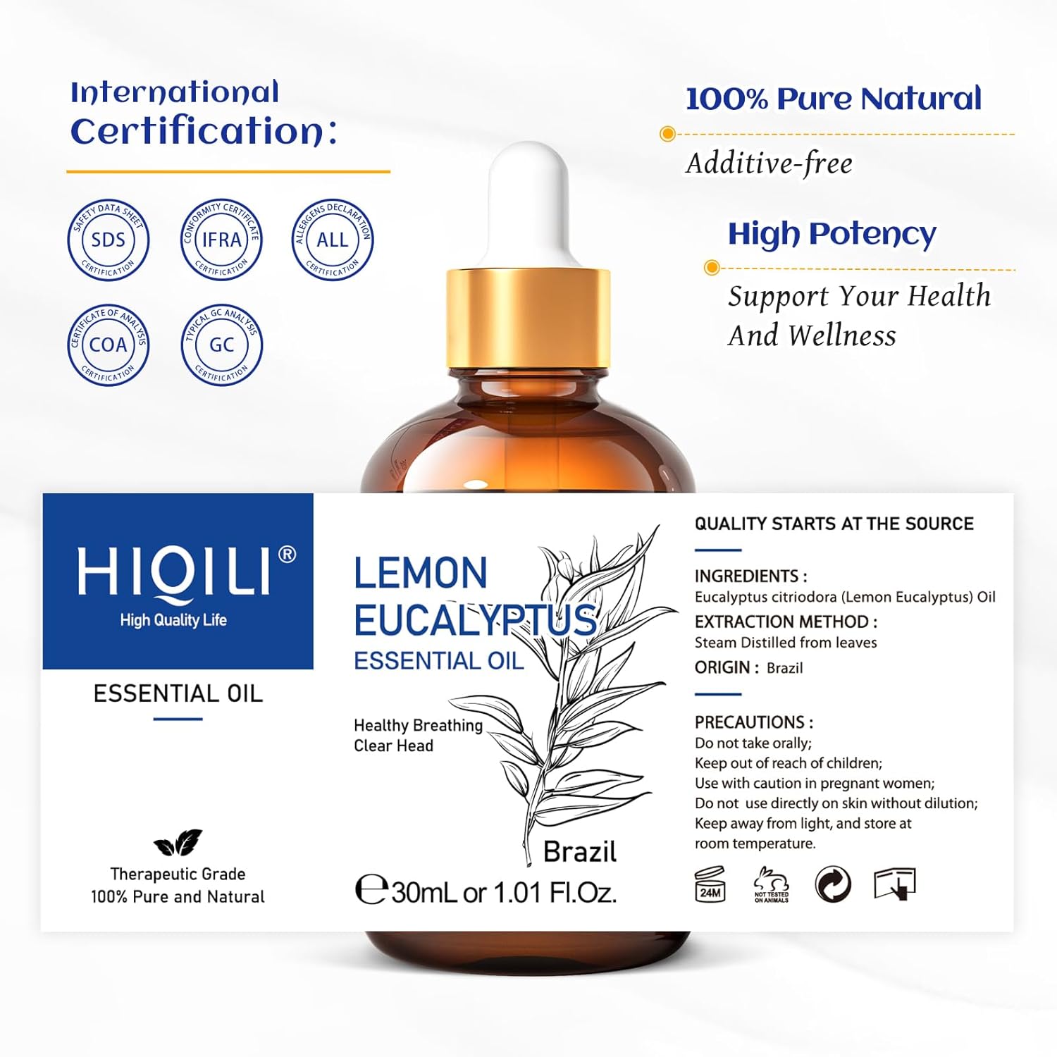 HIQILI Aceite esencial de eucalipto de limón, aceites de primera calidad sin diluir 100% puros y naturales, 1.0 fl oz