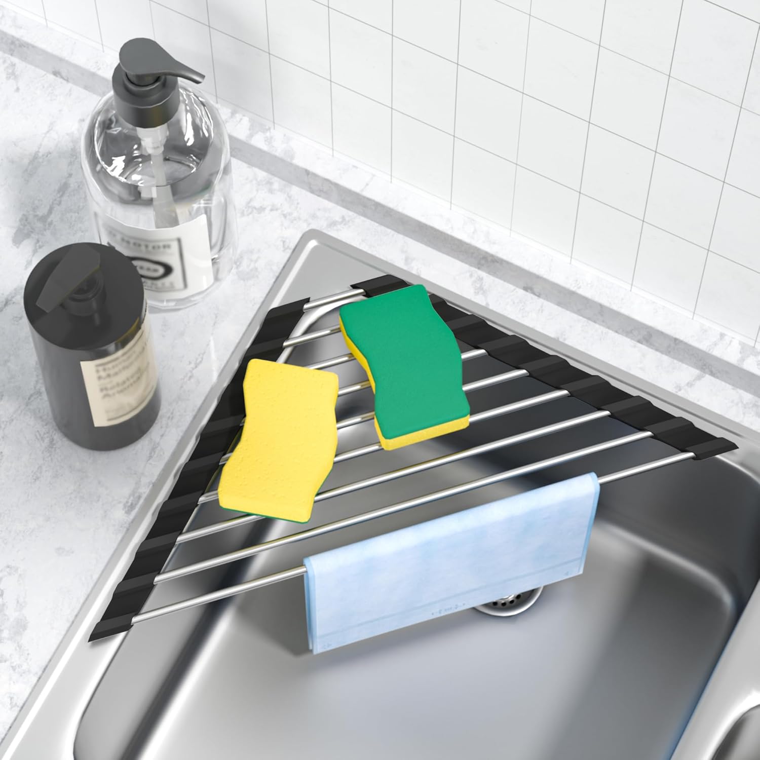 Yeepoo Escurridor de platos enrollable triangular, organizador compacto y plegable de acero inoxidable sobre el fregadero, ahorro de espacio para