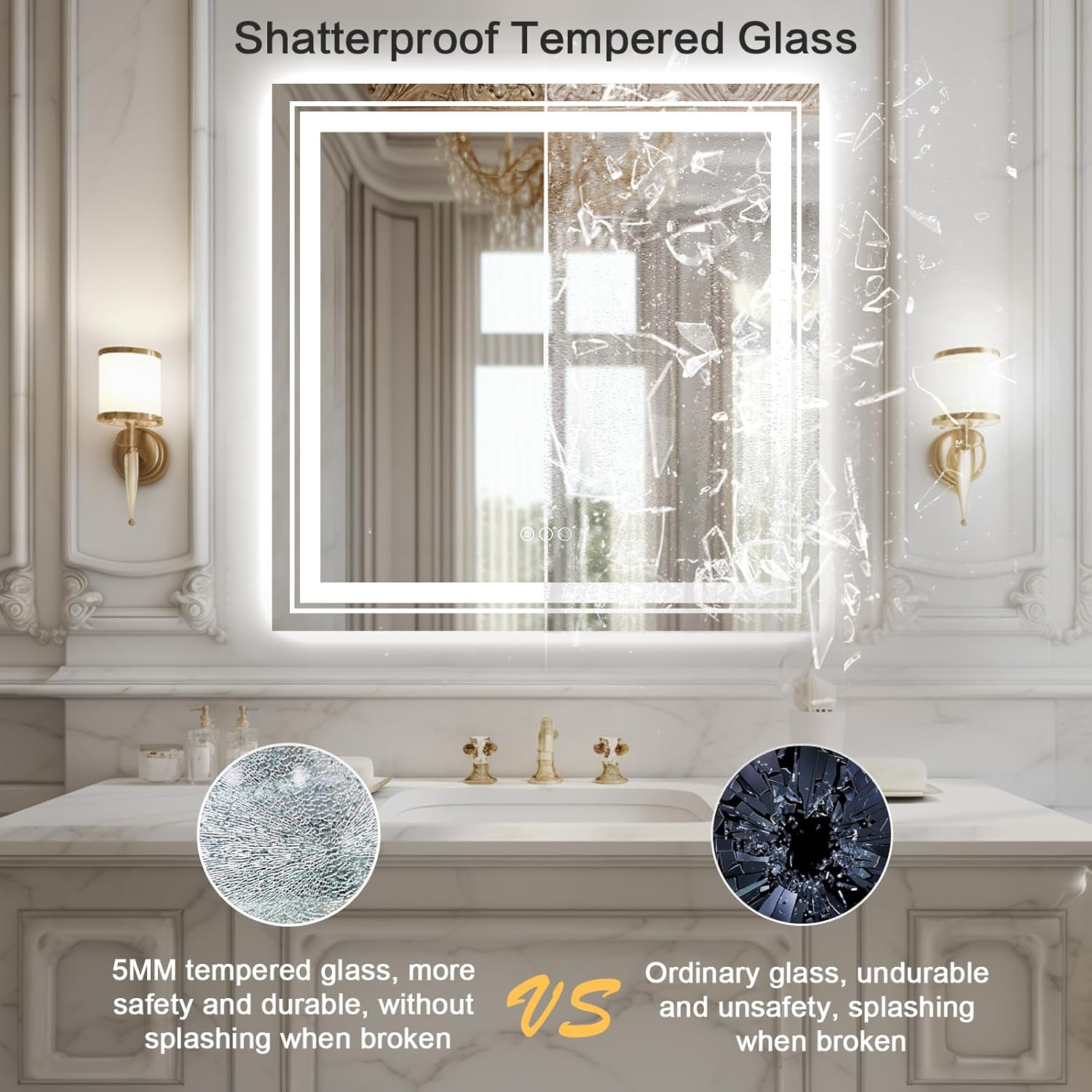Espejo de baño LED de 32 x 32 pulgadas con retroiluminación y luz frontal, espejo LED regulable sin pasos para baño, espejo de tocador de baño con