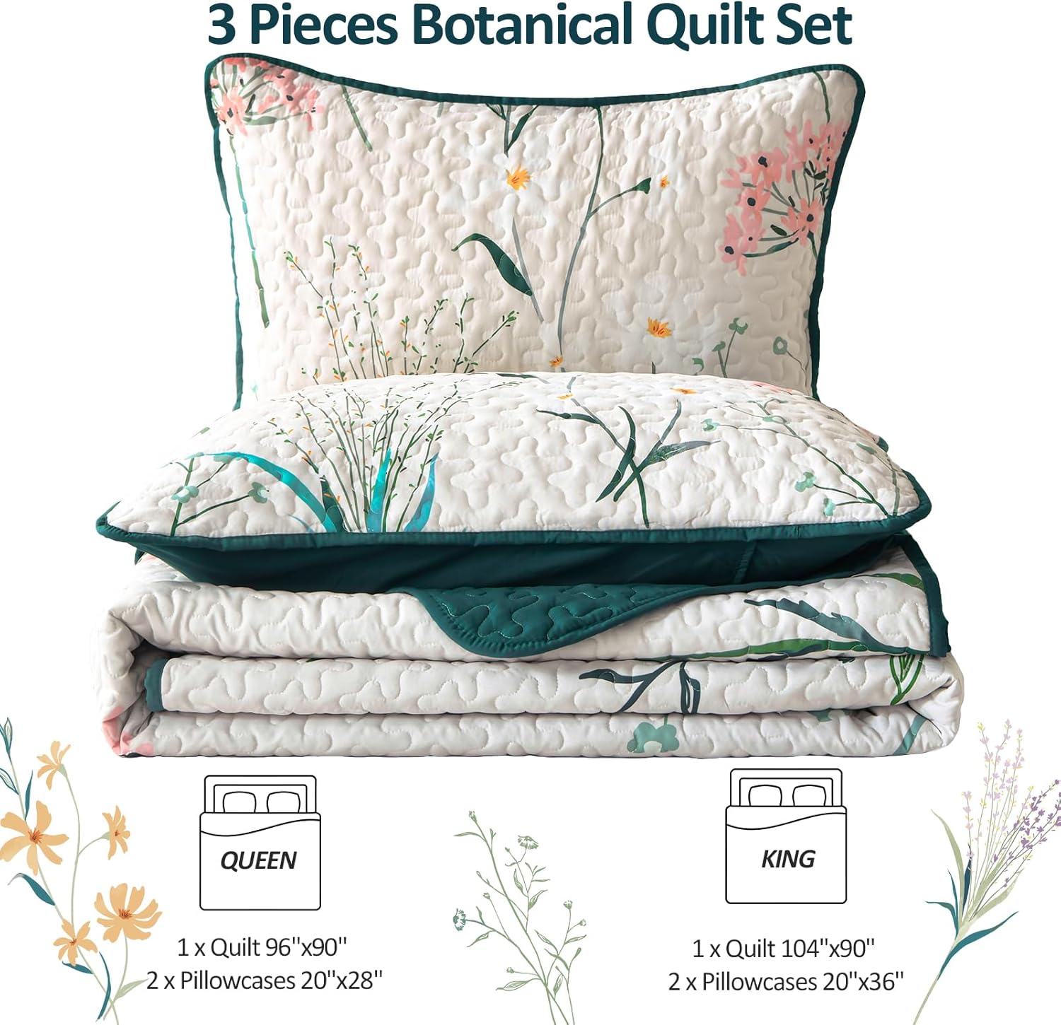 Juego de edredón floral tamaño Queen, juego de colcha botánica beige de 3 piezas de microfibra suave y ligera para todas las estaciones, 96 x 90