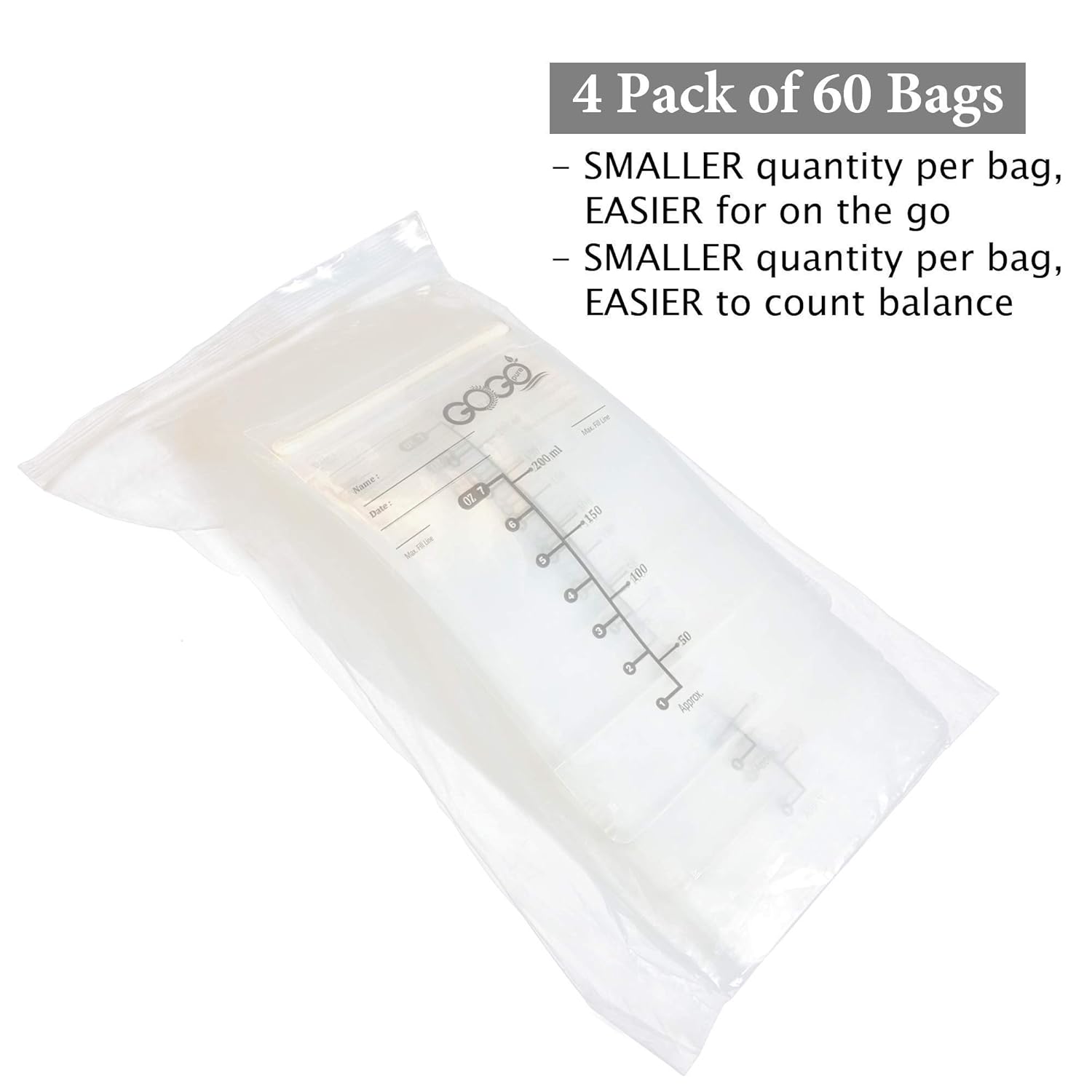 Paquete de 240 bolsas de almacenamiento de leche materna (4 paquetes de 60 bolsas), 7 onzas, cada una preesterilizada por rayos gamma, sin BPA, a
