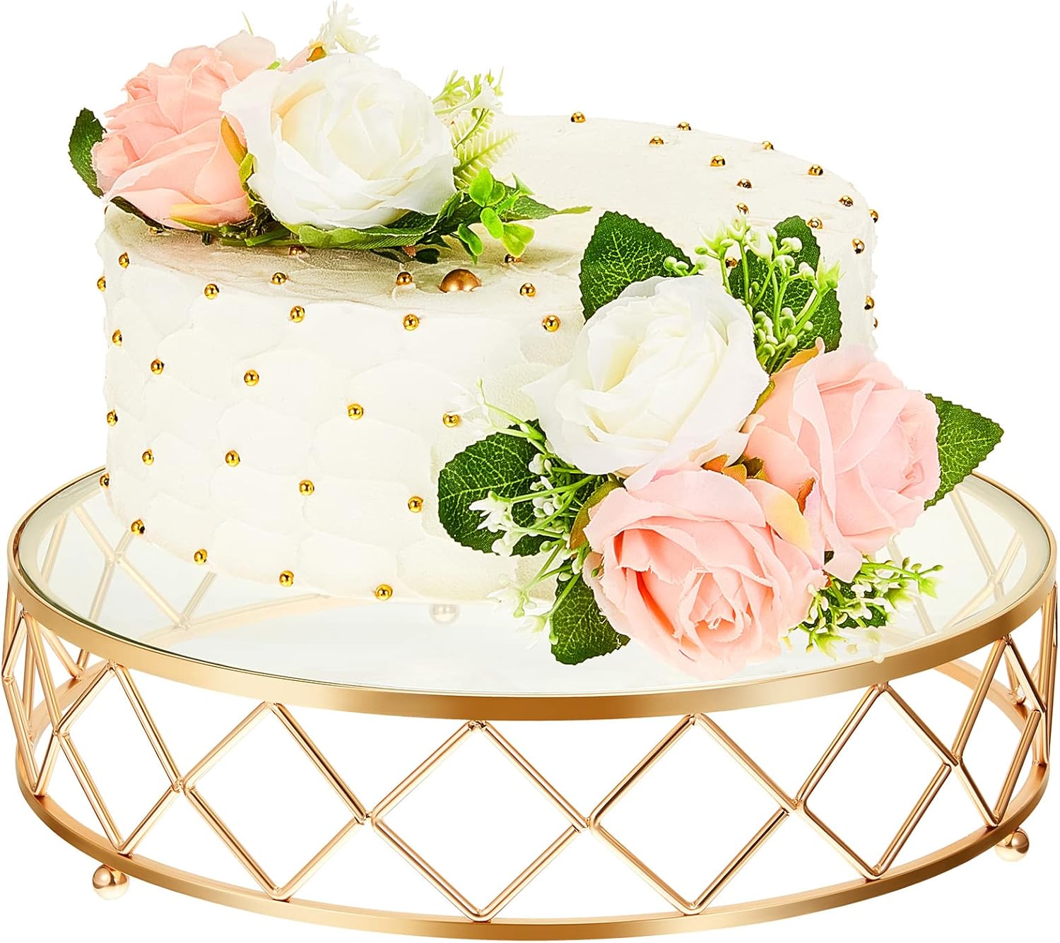 Nuanchu Soporte redondo de metal geométrico de 14 pulgadas para tartas de boda, soporte metálico brillante para tartas con parte superior de vidrio