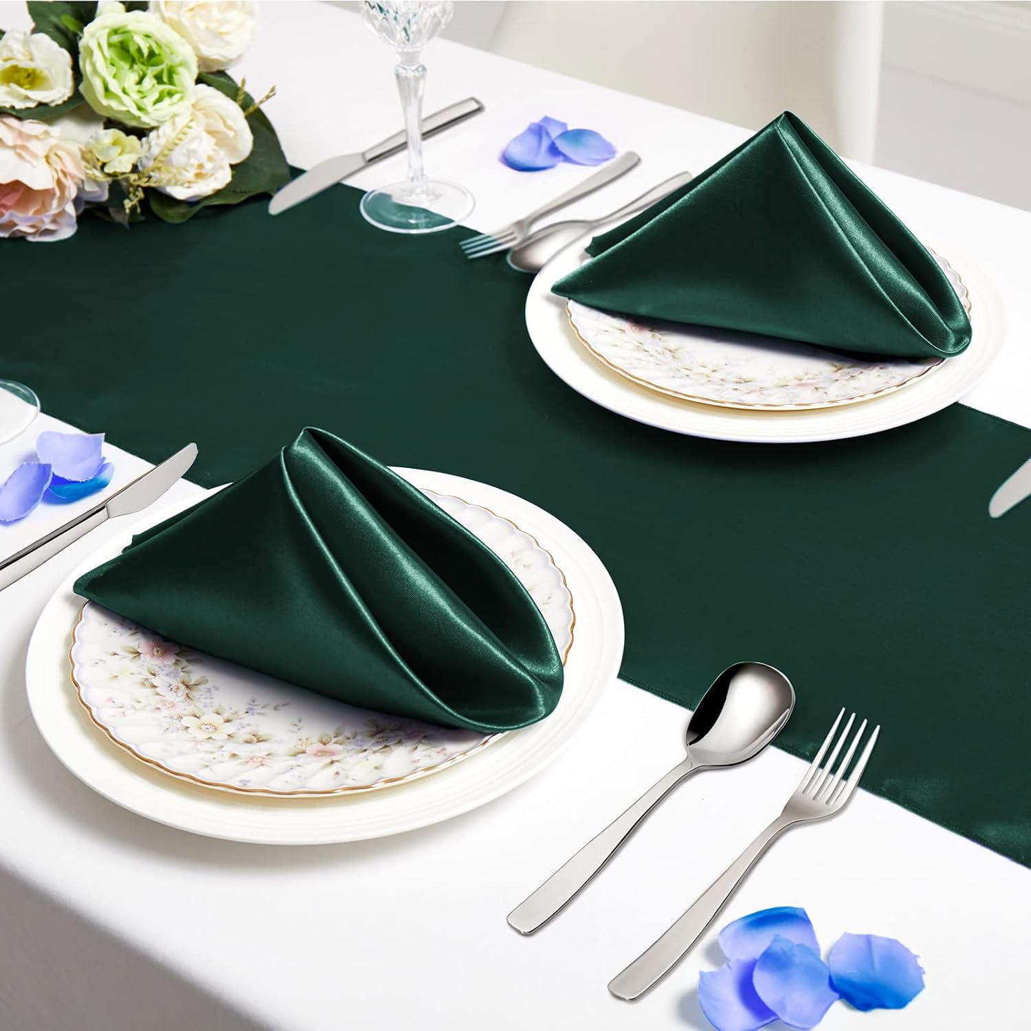 Paquete de 30 servilletas de satén de color verde bosque de 20 x 20 pulgadas, servilletas cuadradas suaves de tela sedosa, decoración de mesa para