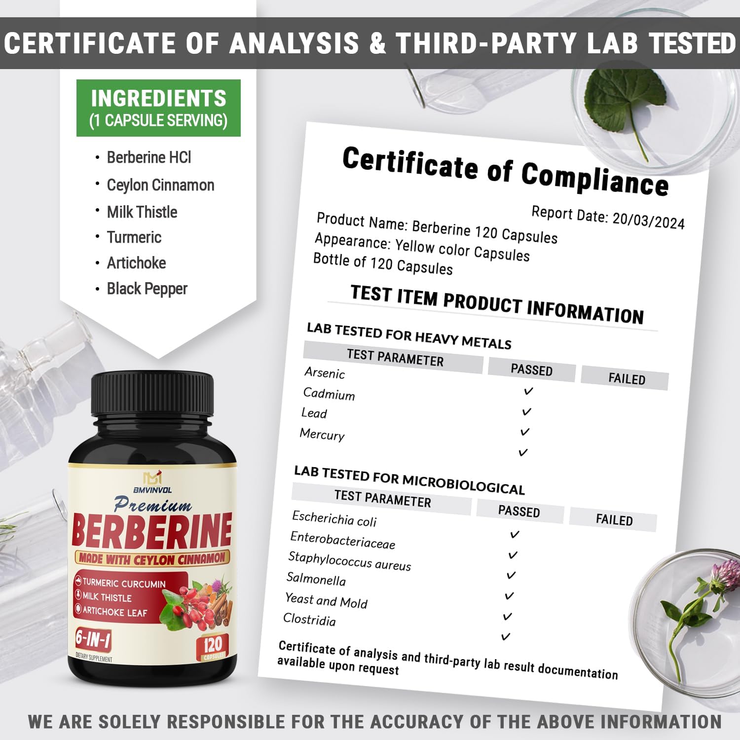 BMVINVOL Berberina HCl 6 en 1 equivalente a 6100 mg – 120 cápsulas – Más canela de Ceilán, cardo mariano, cúrcuma, alcachofa – Suplementos de raíz