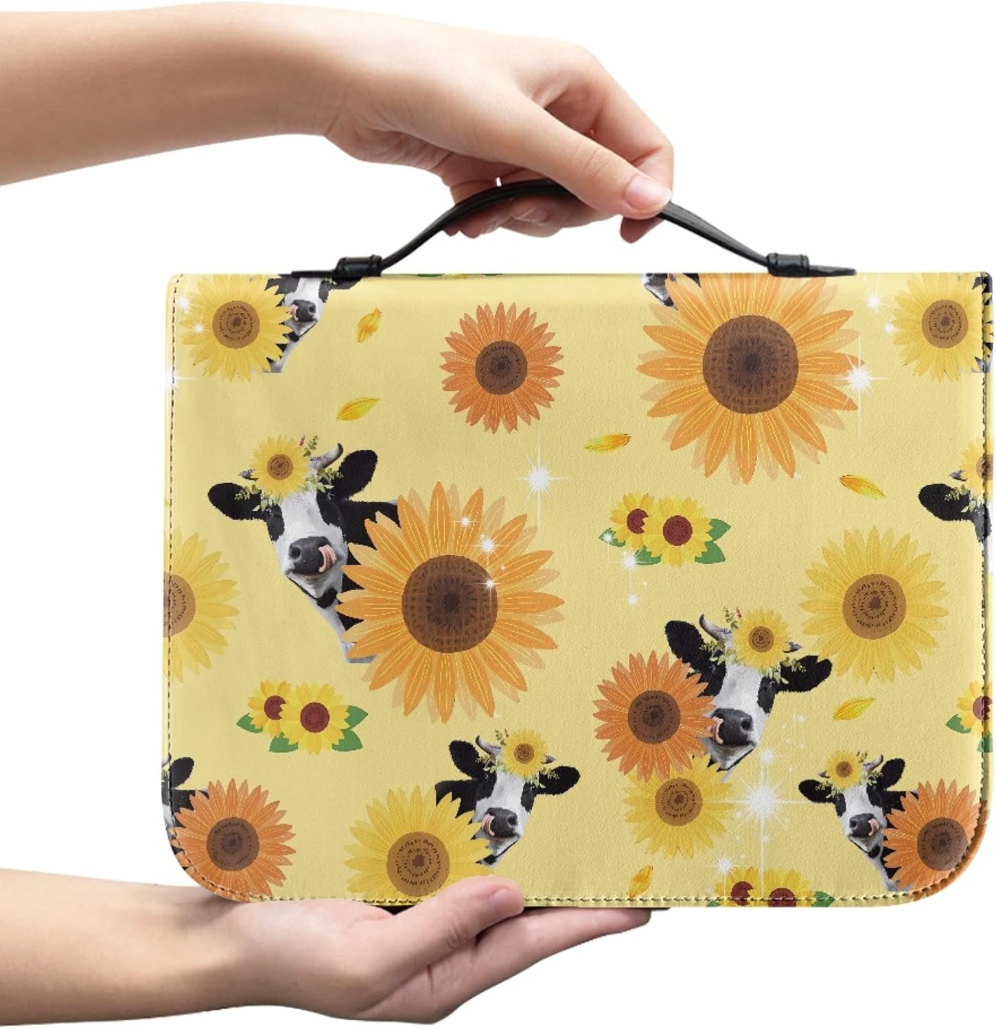 Funda de piel con diseño de vaca y girasol para la Biblia, funda de cuero para la Biblia, bolsa de transporte con bolsillos con cremallera, asa para
