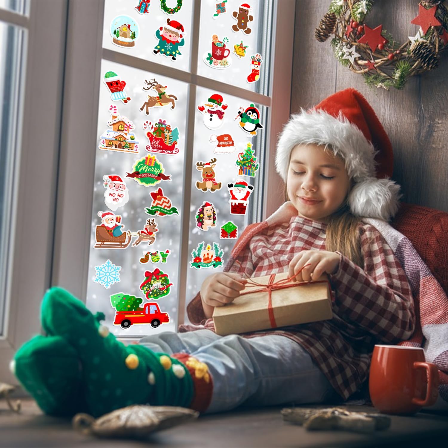 Calcomanías de gel grueso para ventana de niños, para niños, para niños y adultos, para aula, hogar, guardería, avión, fiesta de cumpleaños (Navidad