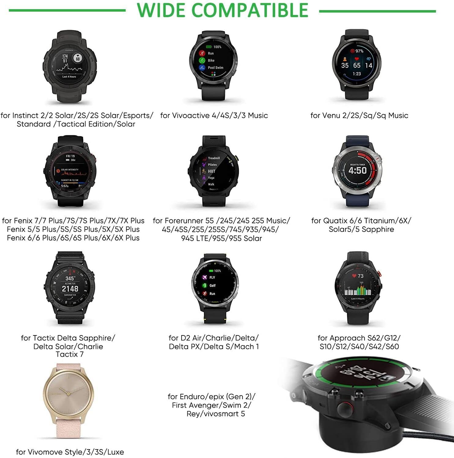 Cargador 2 en 1 compatible con Garmin Vivoactive 44S3, Fenix 55S5X66S6X 77S7X, VenuInstinctForerunner 945, etc., estación de carga 2 en 1 negra