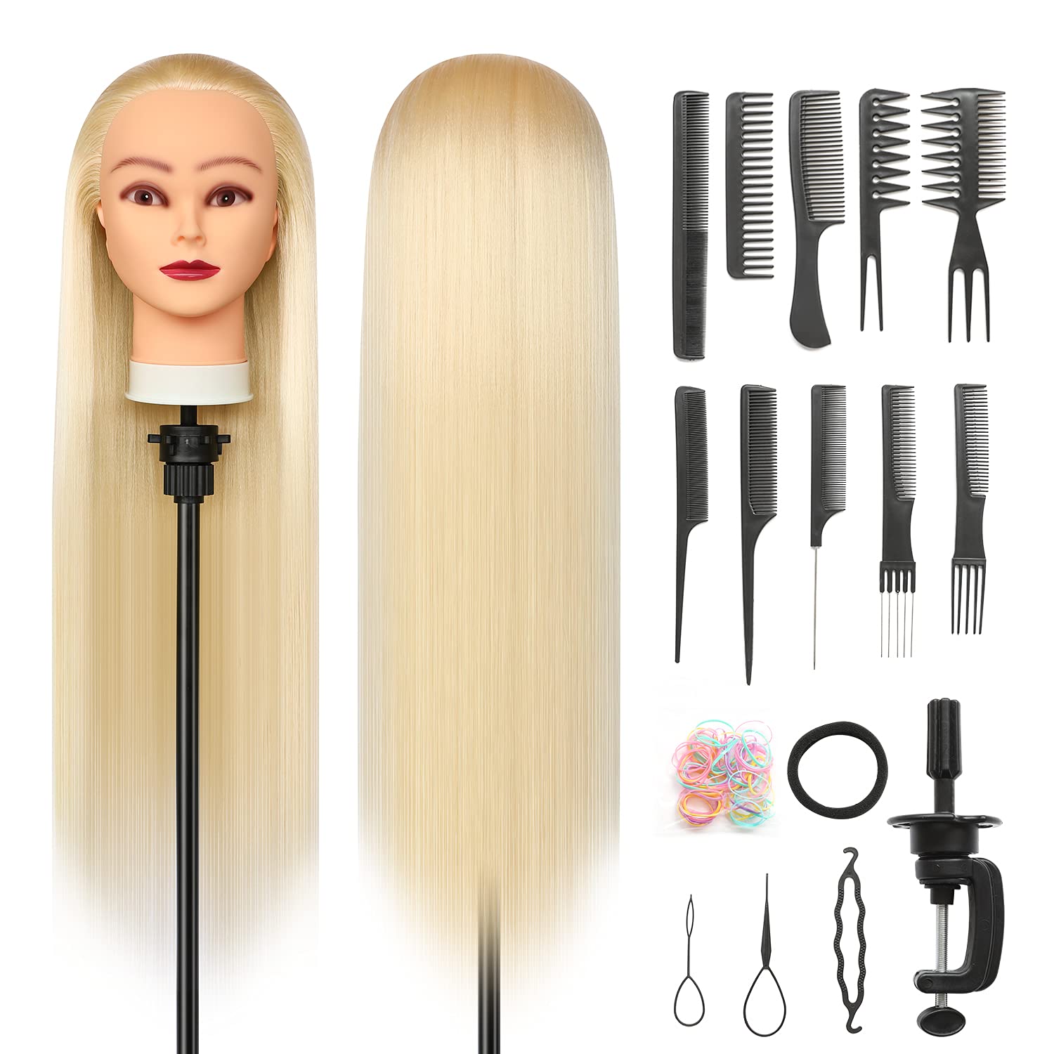 Cabeza de entrenamiento de 28 pulgadas, cabeza de peluquería 100% fibra sintética, cabeza de entrenamiento de peluquería con abrazadera gratuita y
