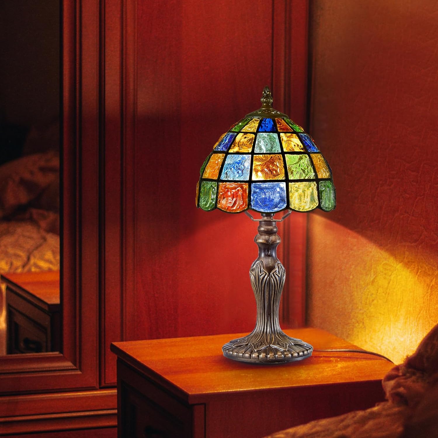Pequeña lámpara Tiffany de mesa de vidrieras, estilo cuadrado de cristal, pantalla de lámpara de 8 pulgadas de ancho, luz nocturna estilo Tiffany,