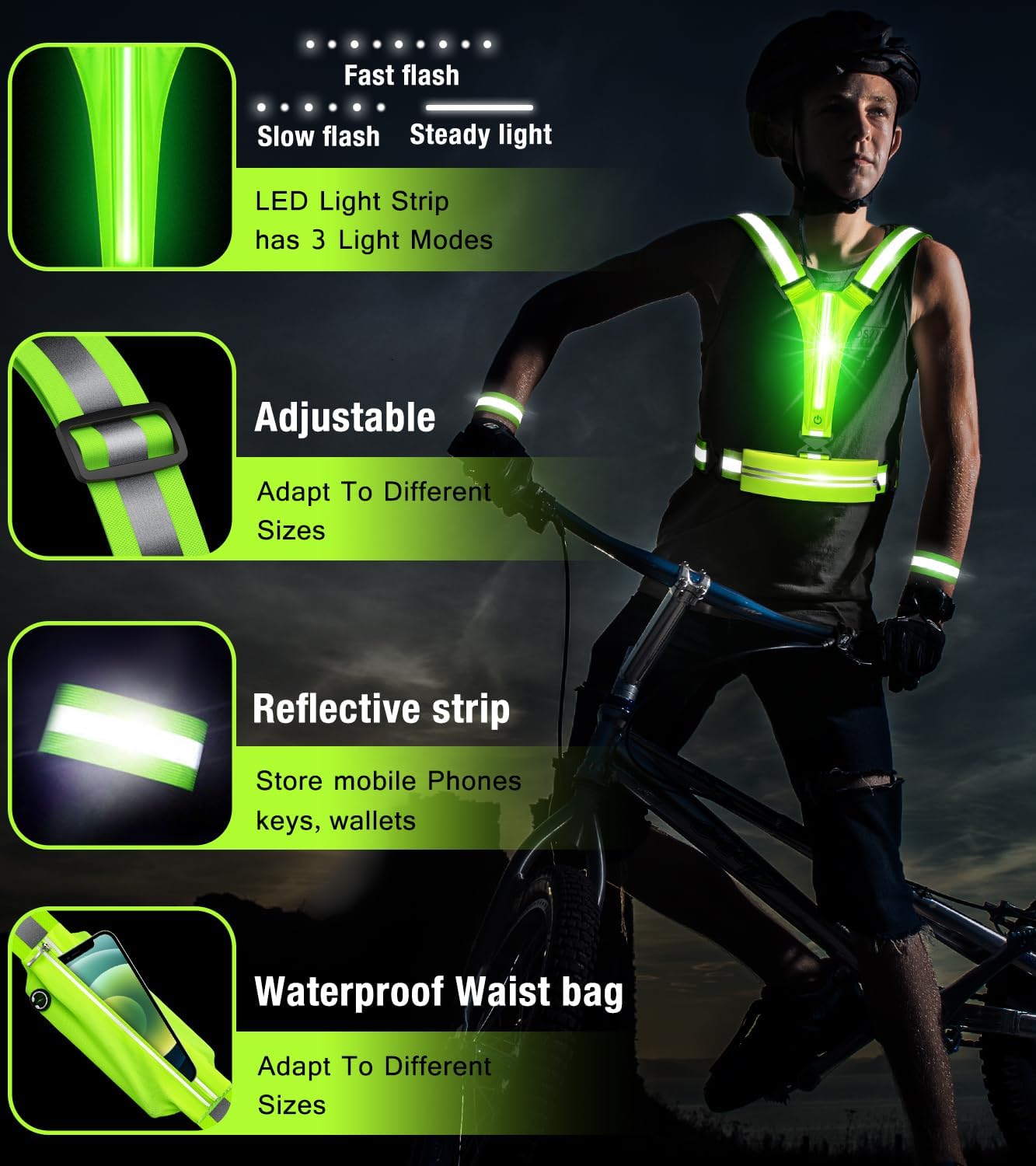 Chaleco reflectante LED para correr, chaleco de correr recargable por USB para corredores, caminatas nocturnas con bolsa impermeable para teléfono,