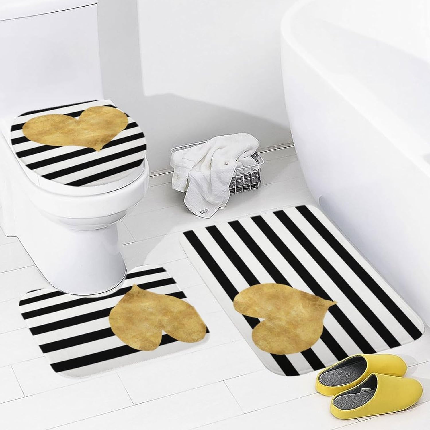 Juego de alfombras de baño de 3 piezas, ultra suaves y antideslizantes, a rayas blancas y negras con corazón dorado, alfombra de baño absorbente con