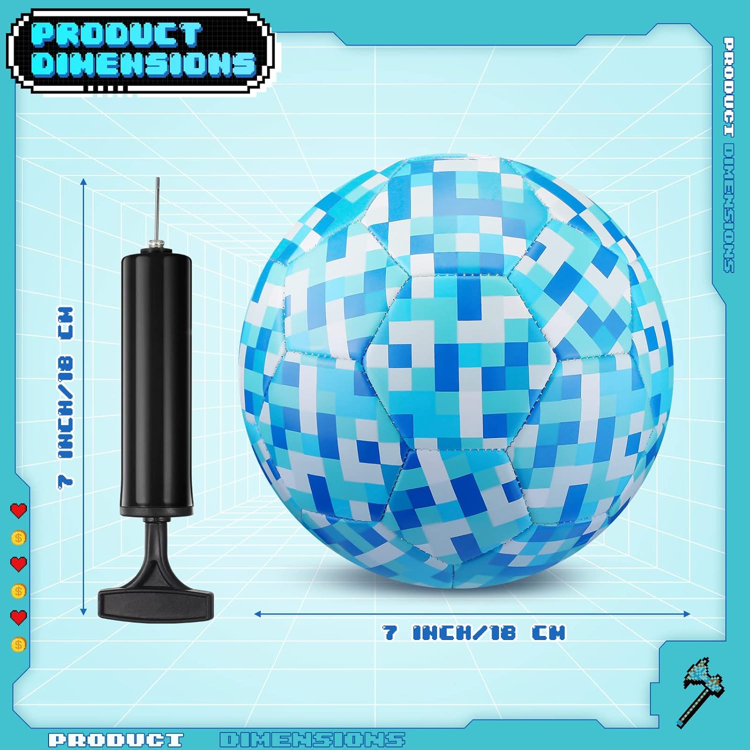 Pixel Size 3 – Balón de fútbol con bomba de 3 a 4 años, 4 a 6, 6 a 8 píxeles, para interiores y exteriores, juguetes de fútbol con bomba para niños,