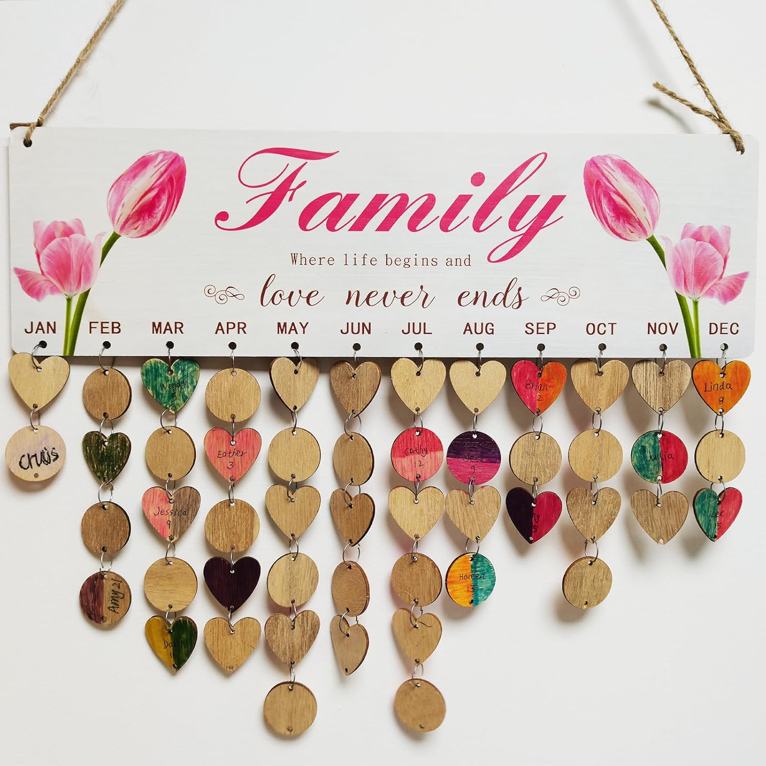 JARBEIYYE Calendario de cumpleaños familiar para colgar en la pared con 100 etiquetas (15.75 x 4.72 pulgadas), regalo perfecto de cumpleaños