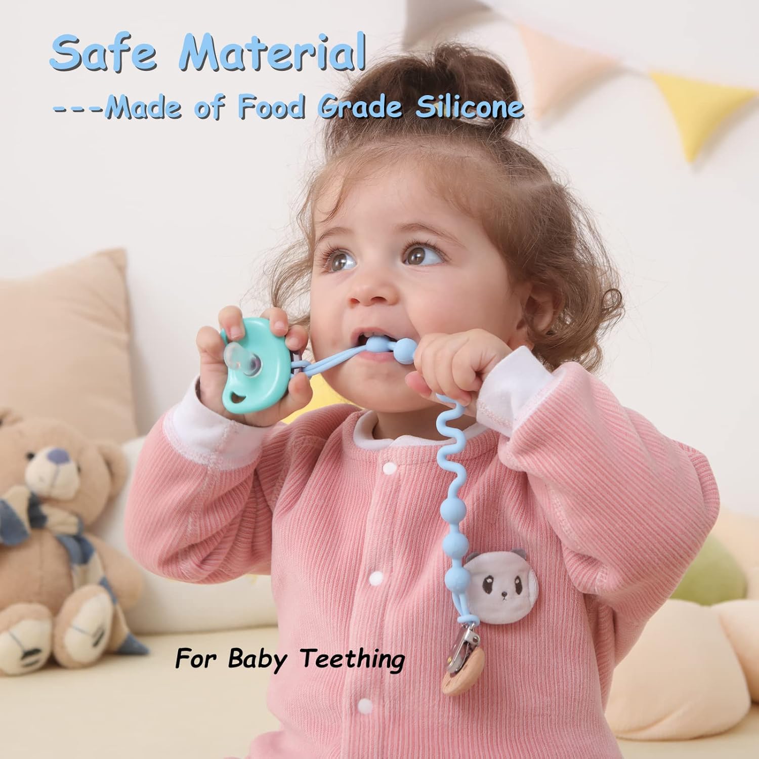 Seposeve Clip de silicona para chupete con resorte ajustable, paquete de 2 clips para chupete para bebés, niños y niñas, correas suaves y flexibles