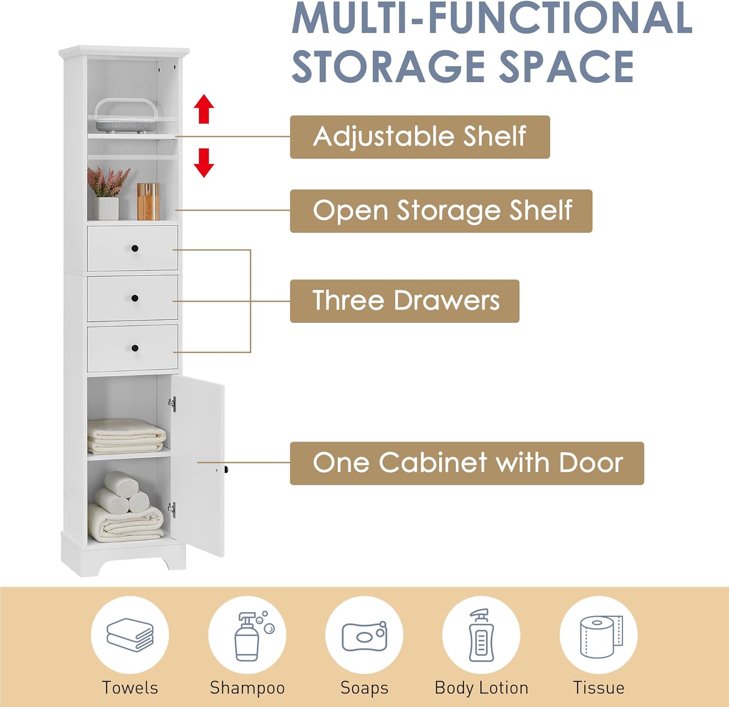 EPOFIT Armario de almacenamiento alto para baño con 4 estantes y cajón de almacenamiento, armarios de baño blancos independientes, gabinete estrecho