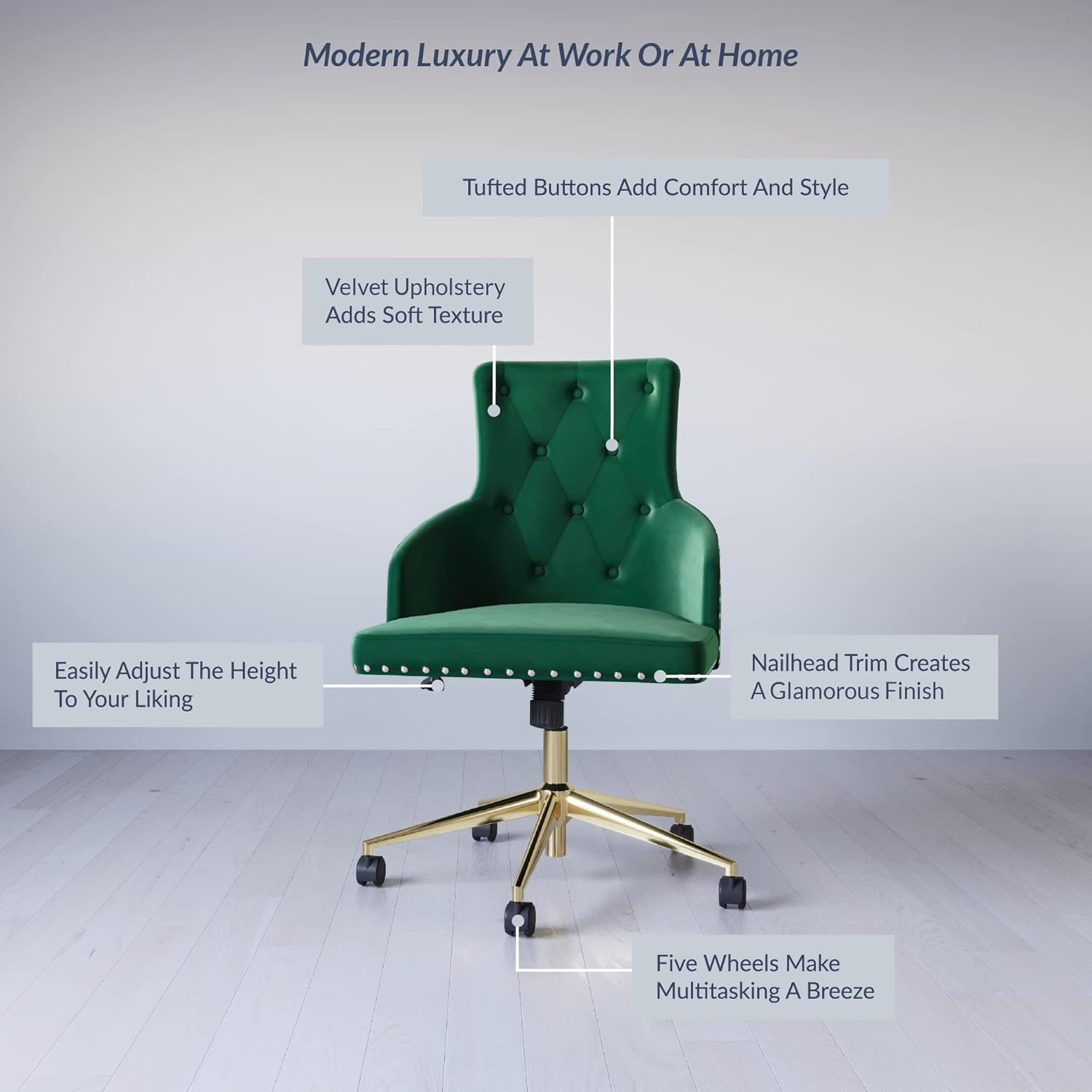 BELLEZE Belden – Silla de escritorio moderna de terciopelo para oficina en casa o dormitorio, asiento tapizado con brazos delgados, altura