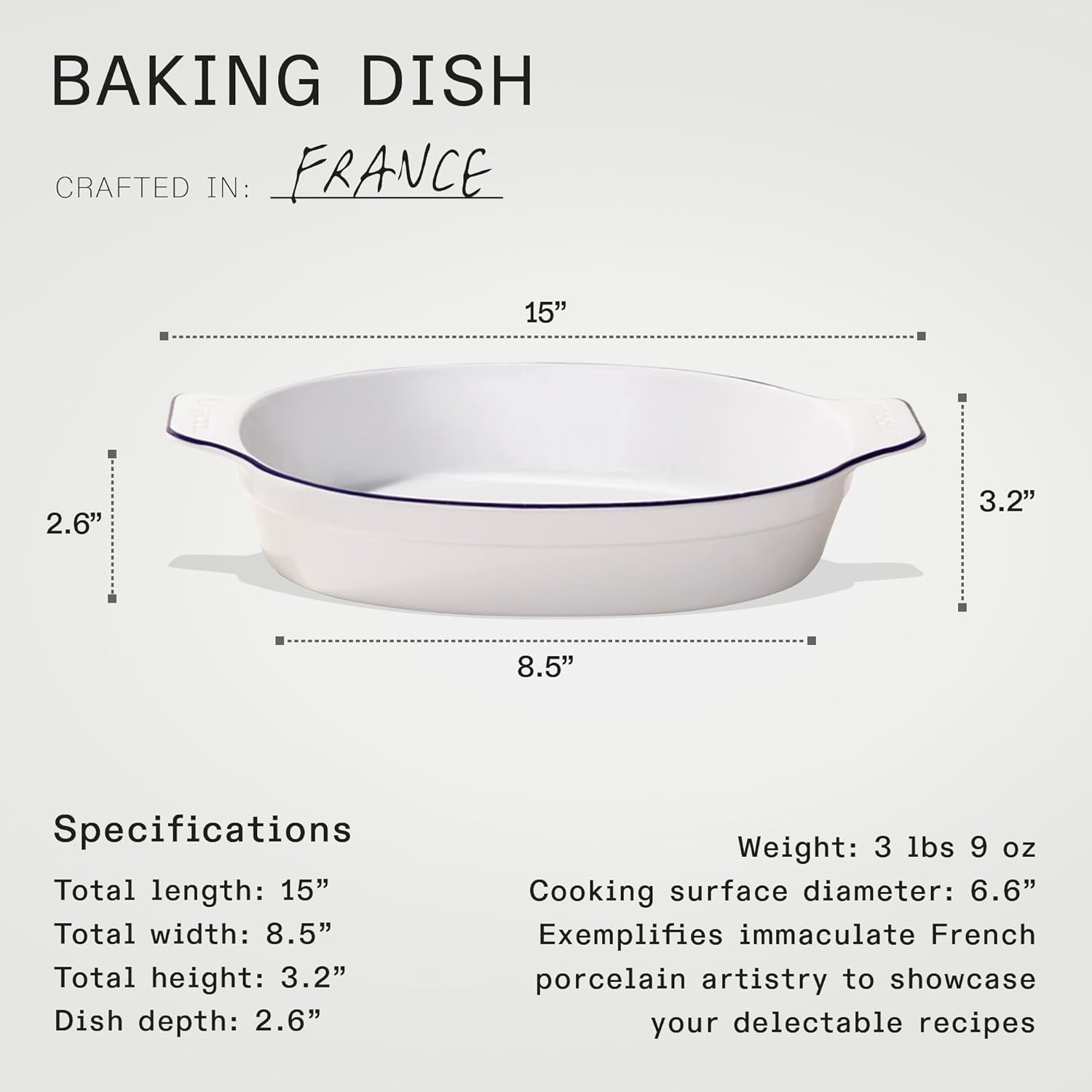 Made In Utensilios de cocina – Plato ovalado para hornear – Borde azul marino – Porcelana hecha a mano – Utensilios para hornear profesionales –