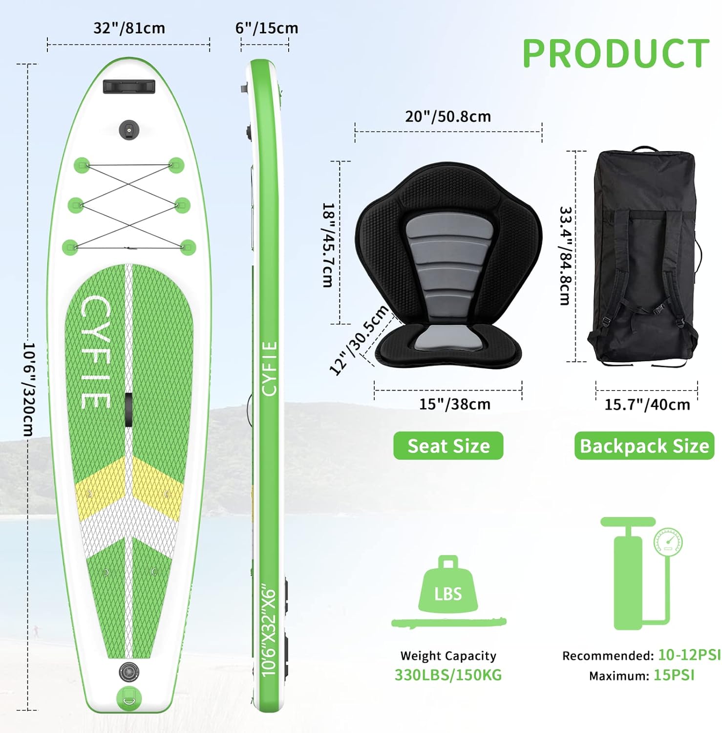 CYFIE Tabla de remo inflable para adulto, tabla de remo de pesca de 10.6 pies con asiento de kayak, accesorios de SUP, bomba, 4 remos, mochila,