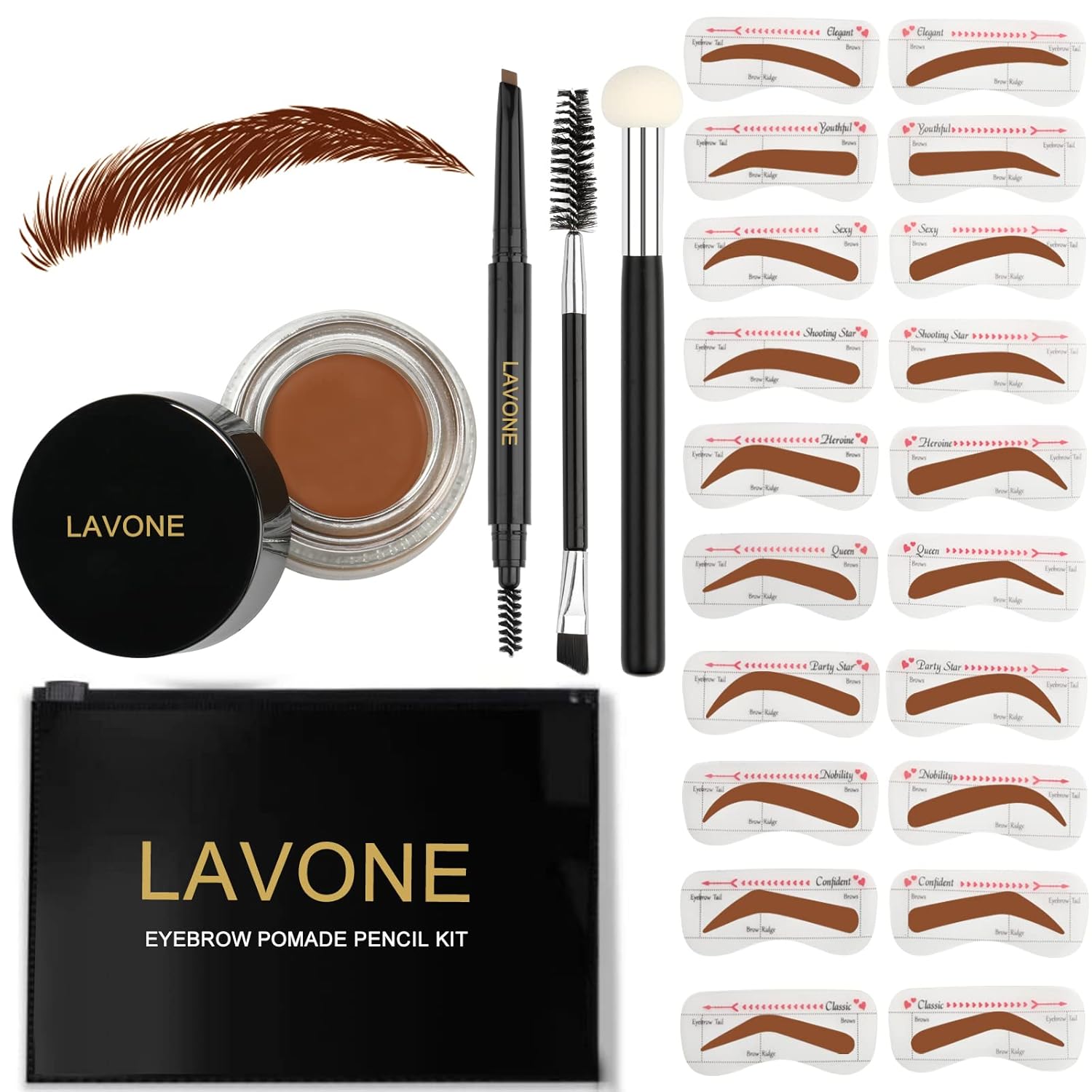 LAVONE Kit de plantillas de sellos para cejas, kit de trío de sellos de cejas con lápiz de cejas impermeable, pomada de cejas, 20 plantillas de