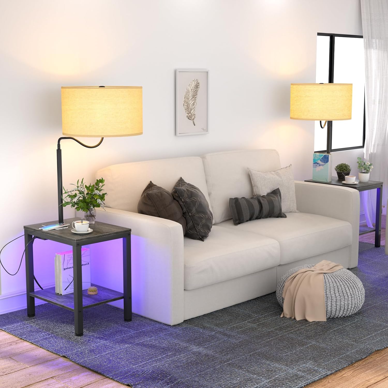 Lámpara de pie LED con mesa, mesa auxiliar con luz LED y toma de corriente, mesita de noche con lámpara, mesa auxiliar con lámpara adjunta para sala