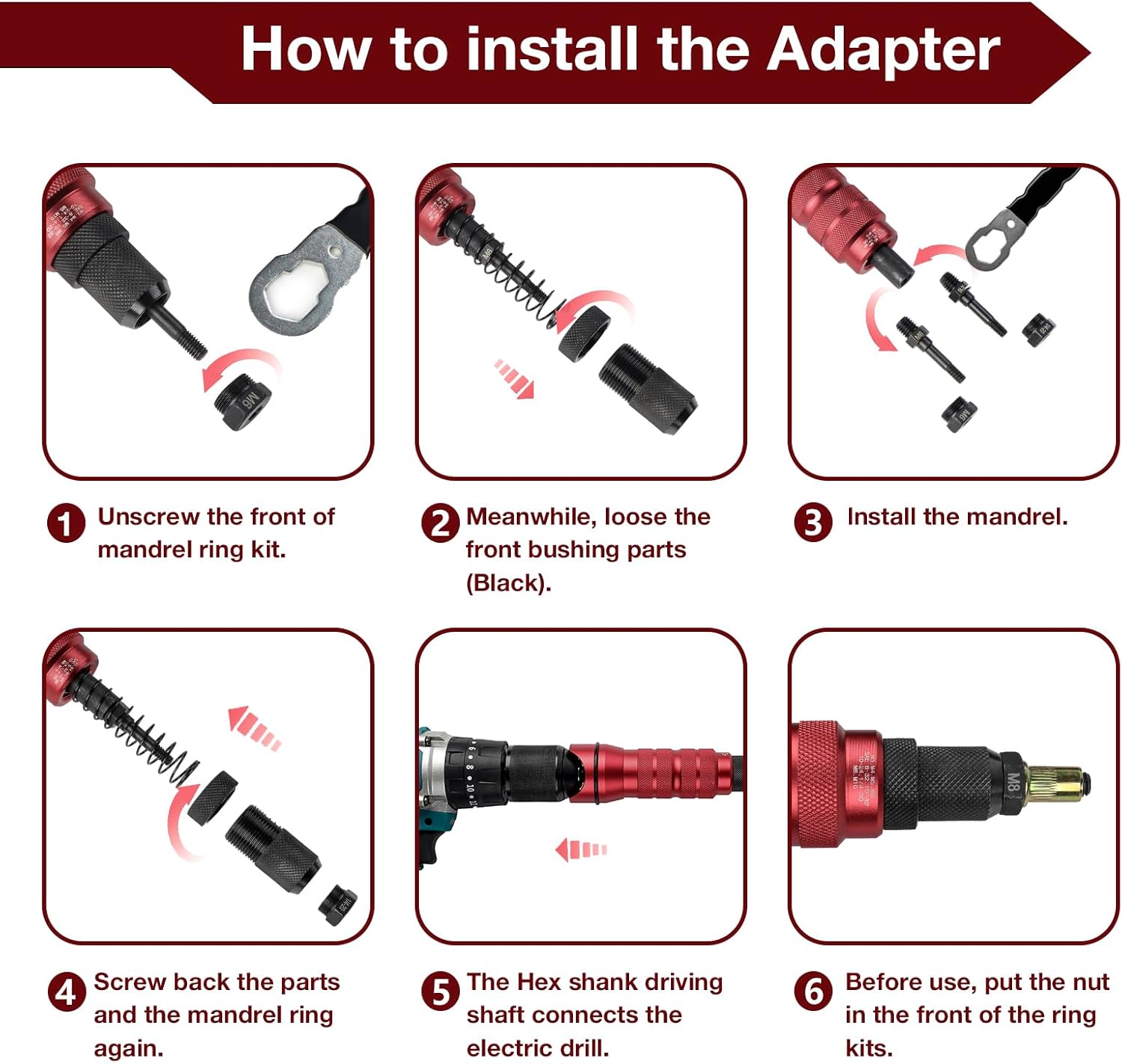 Adaptador de pistola remachadora eléctrica de taladro inalámbrico, kit de adaptador de taladro de tuerca de remache que incluye M3 M4 M5 M6 M8 M10