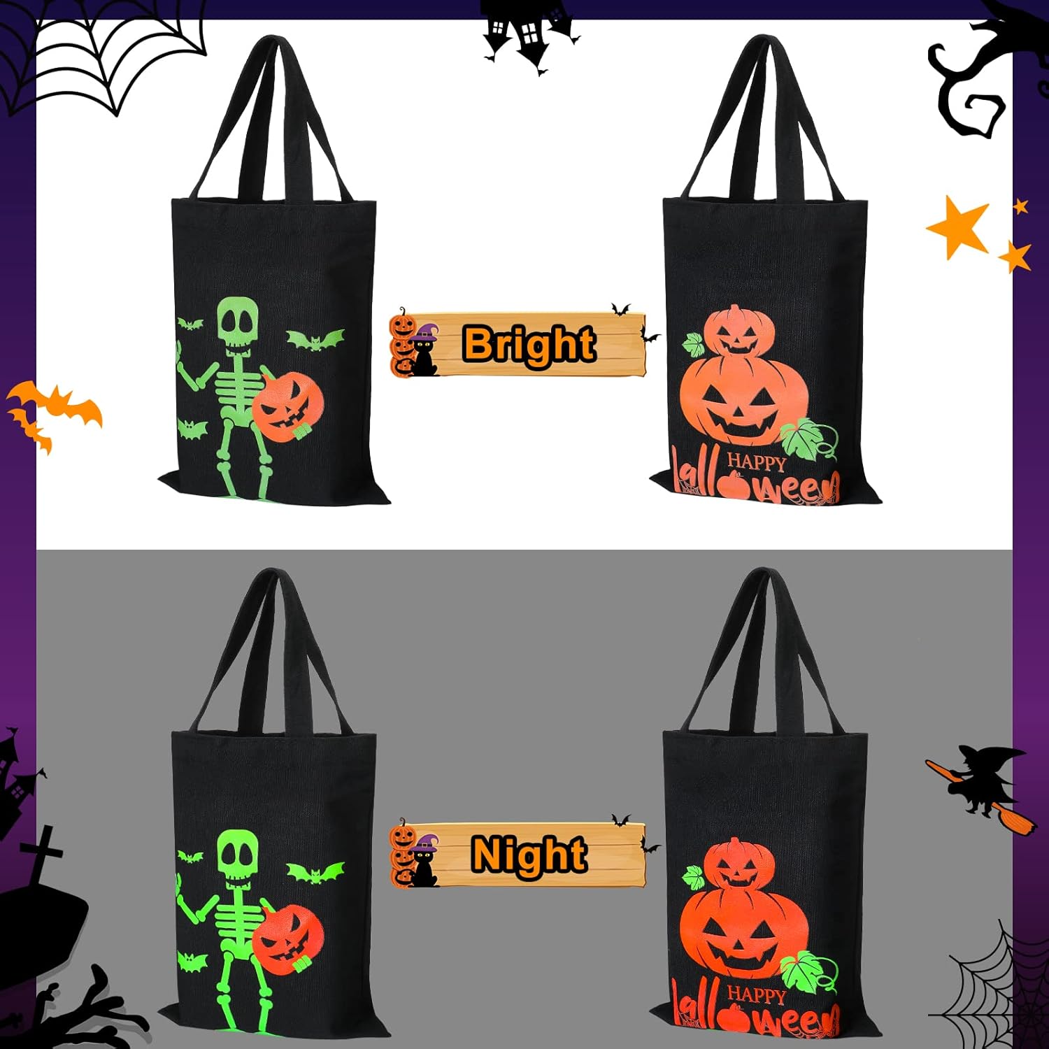 Chunful 4 bolsas de Halloween para dulce o truco, bolsas luminosas de lona para dulces de Halloween, grandes que brillan en la oscuridad, para