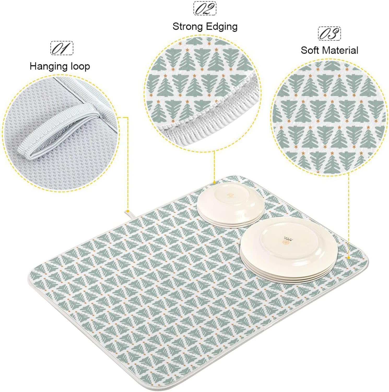 Christmas Tree Triangle Dish Mat Washnable Absorbent Drying Mat For Kitchen Counter Countertop Mat Tapete Para Cocina 16” x 18”